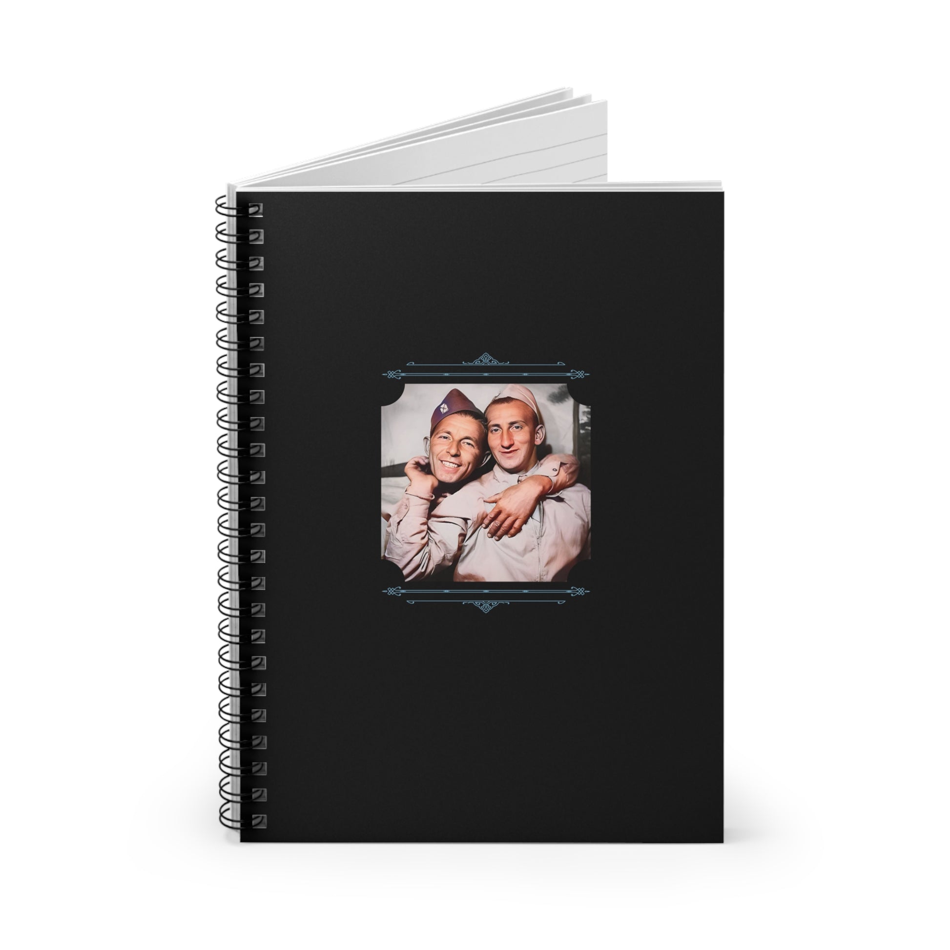 Spiral notebook featuring a vintage WWII photo of two U.S. Army soldiers smiling together in a photo booth.