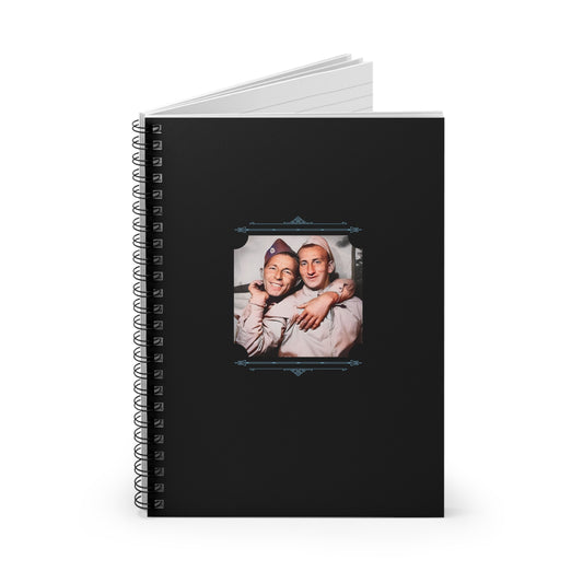 Spiral notebook featuring a vintage WWII photo of two U.S. Army soldiers smiling together in a photo booth.