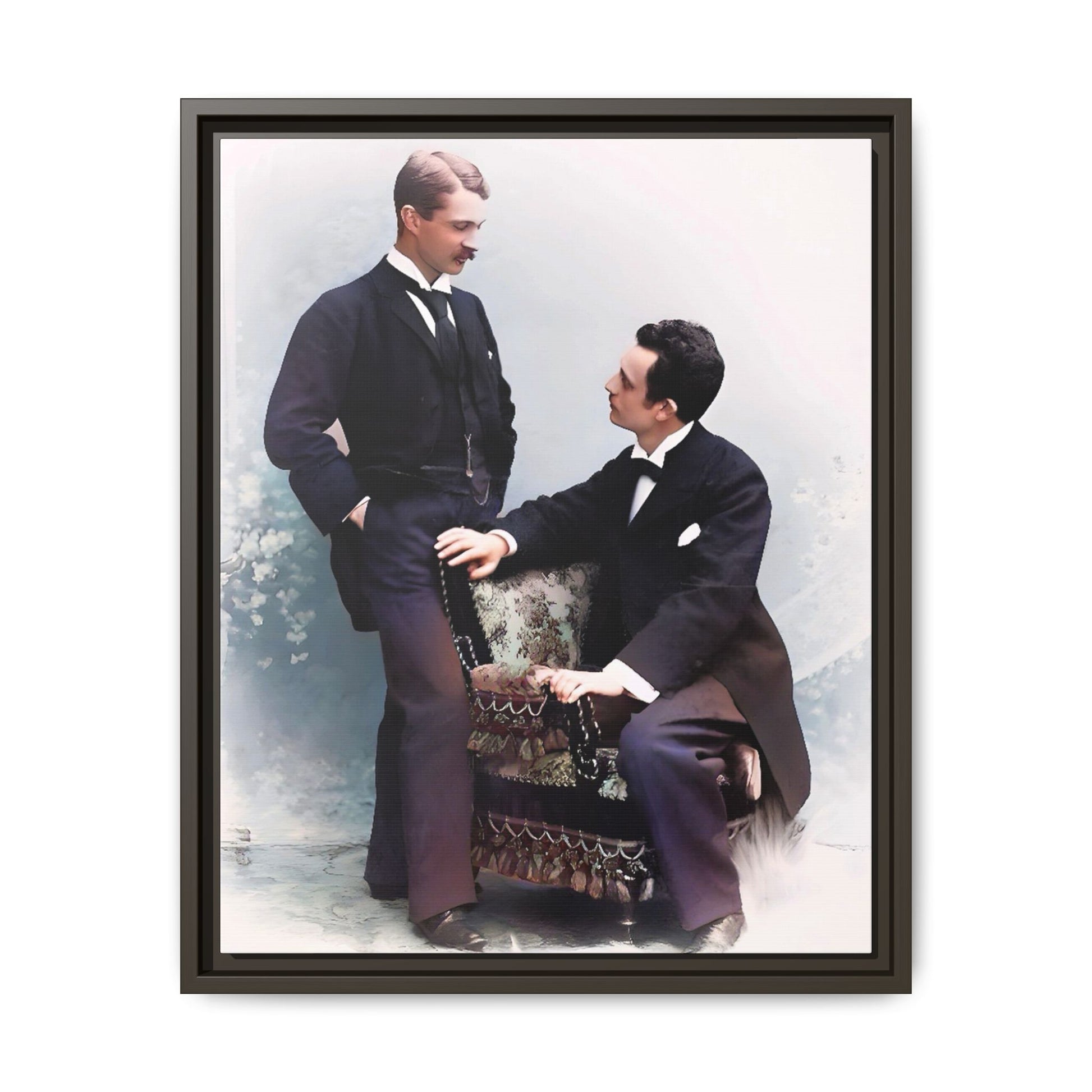 A beautifully restored vintage portrait of Ernest & Richard in Wilmington, North Carolina, exuding elegance and deep connection. Dressed in refined suits, their poised expressions capture a timeless LGBTQ+ love story, making this framed matte canvas print a stunning historical art piece for collectors and enthusiasts.