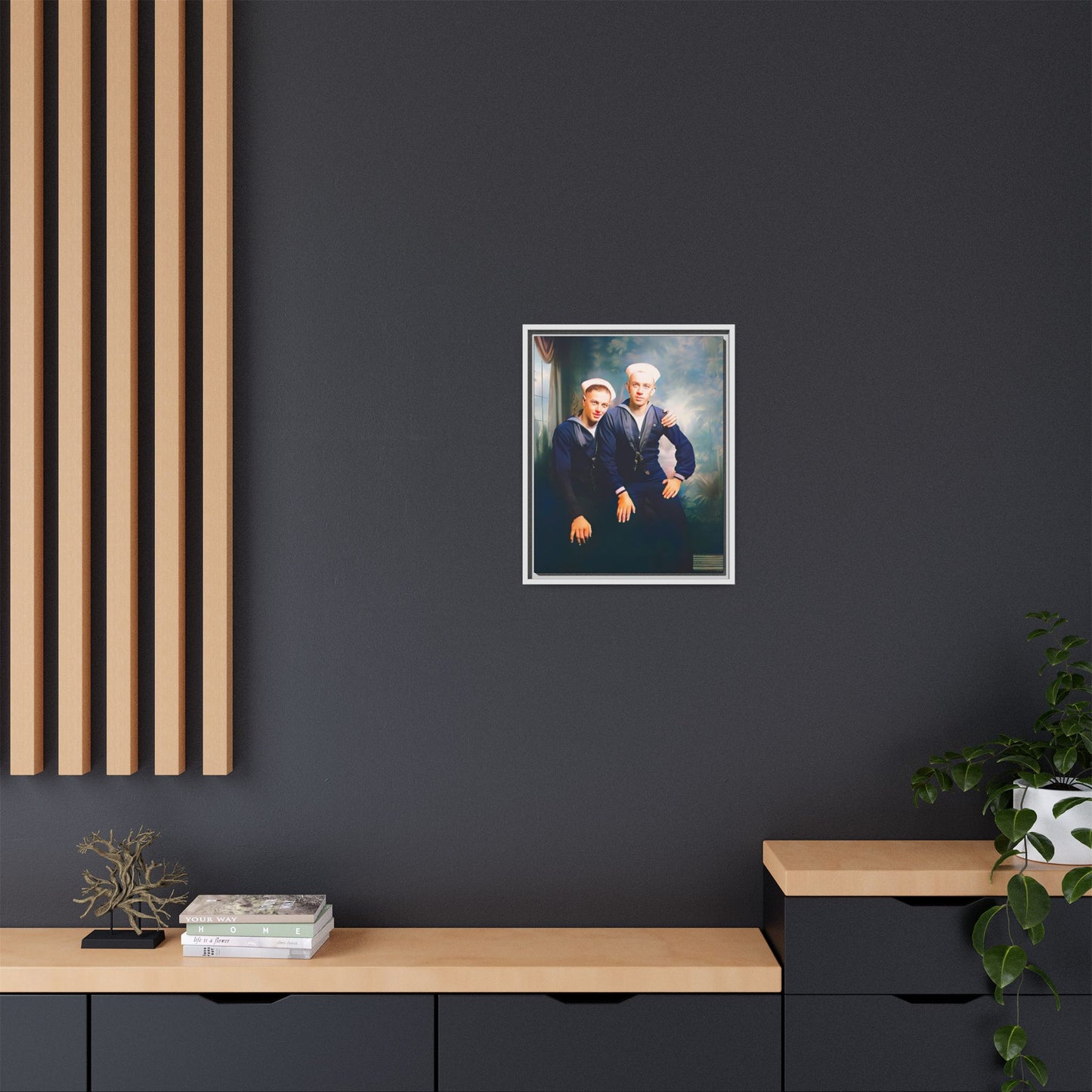 A restored vintage naval portrait of Thomas & Ervin at Naval Station Newport, Rhode Island. This framed matte canvas honors LGBTQ+ history, military service, and timeless camaraderie. Gay Couple