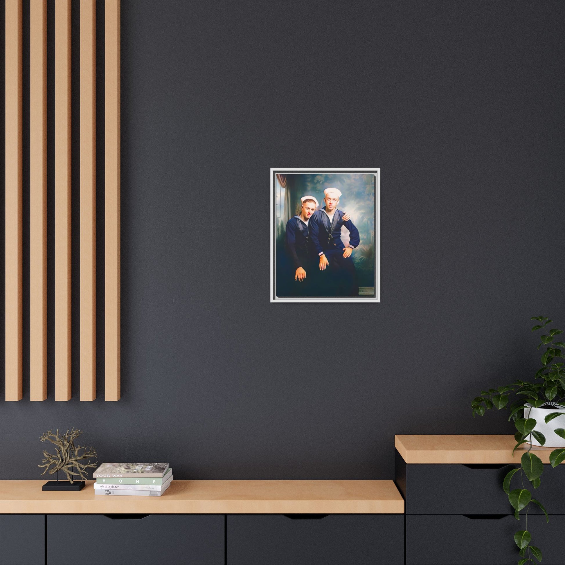 A restored vintage naval portrait of Thomas & Ervin at Naval Station Newport, Rhode Island. This framed matte canvas honors LGBTQ+ history, military service, and timeless camaraderie. Gay Couple