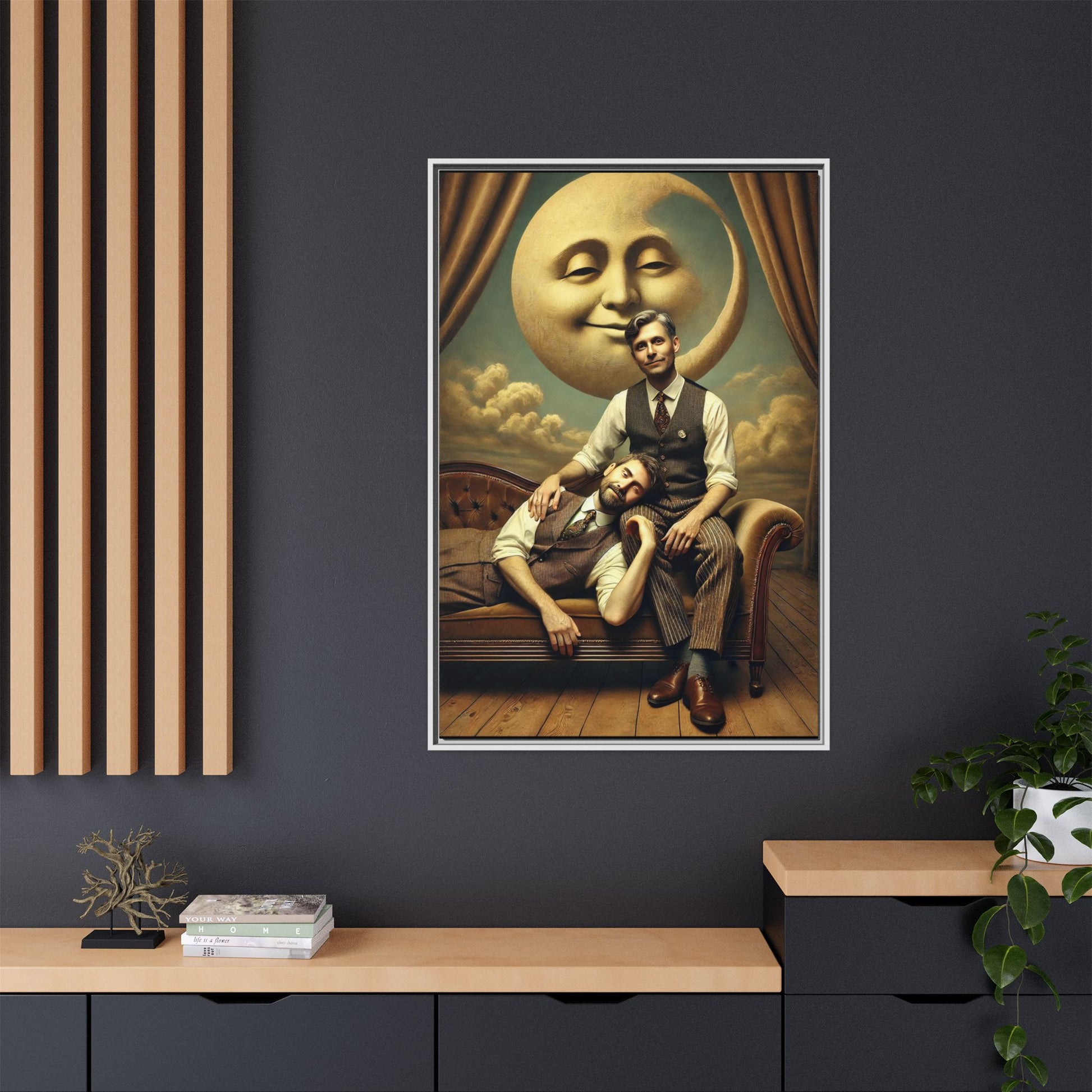 Vintage-style artwork of two men in 1920s clothing sitting close, one resting his head on the other’s lap beneath a smiling moon. Surrounded by theatrical curtains and clouds, this original piece honors lost queer love and challenges historical erasure with tenderness and pride.