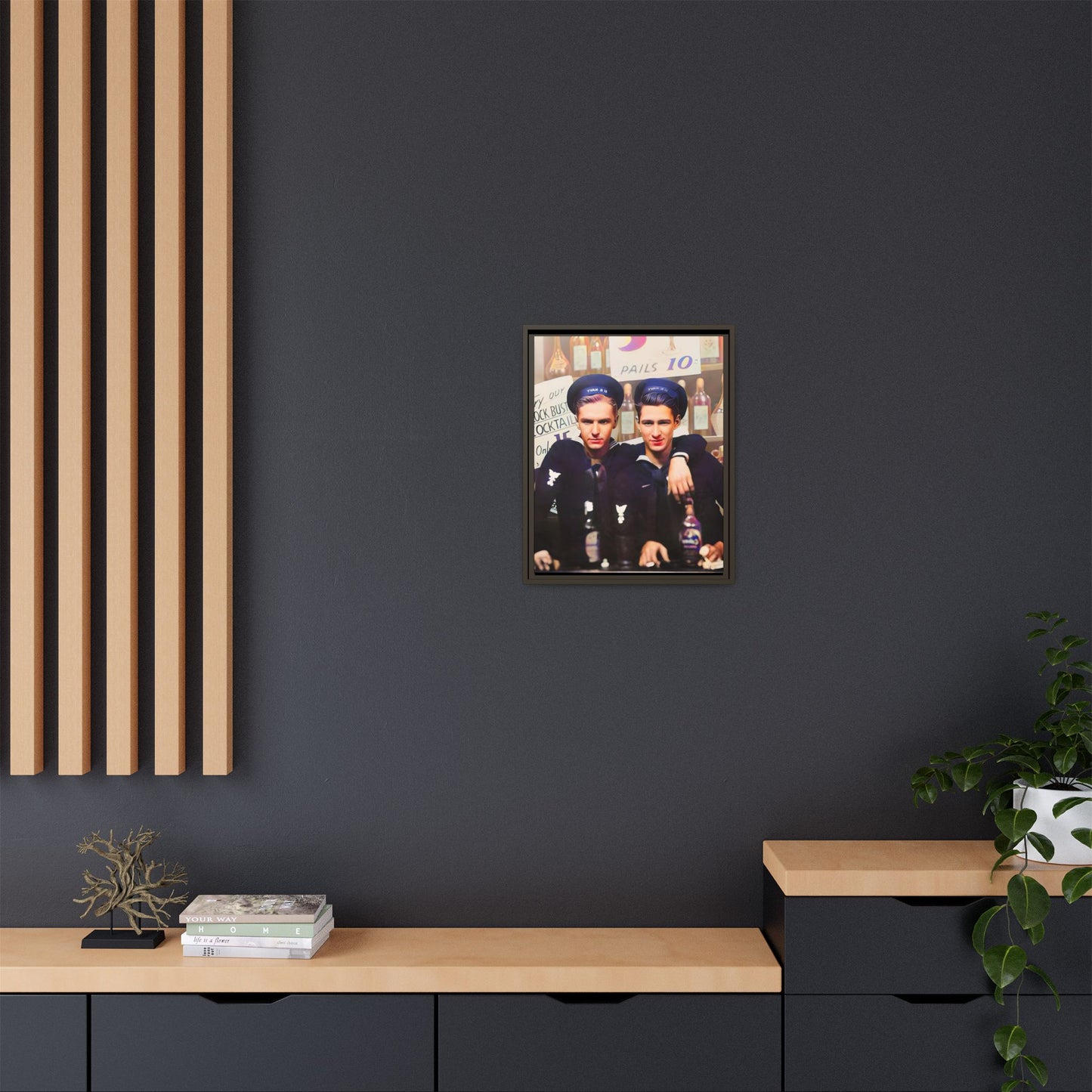 A restored vintage naval portrait of Leo & Vincent, two sailors at Norfolk Naval Station. This framed matte canvas captures LGBTQ+ history, camaraderie, and resilience in a timeless moment. Gay Couple