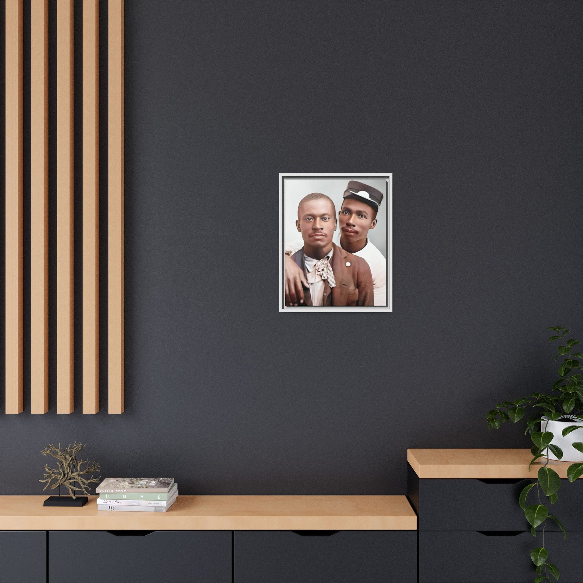 A restored vintage portrait of Willie & Louis at Metro-North Railroad in Harlem, New York. This framed matte canvas celebrates LGBTQ+ history, African American heritage, and timeless love. Gay Couple