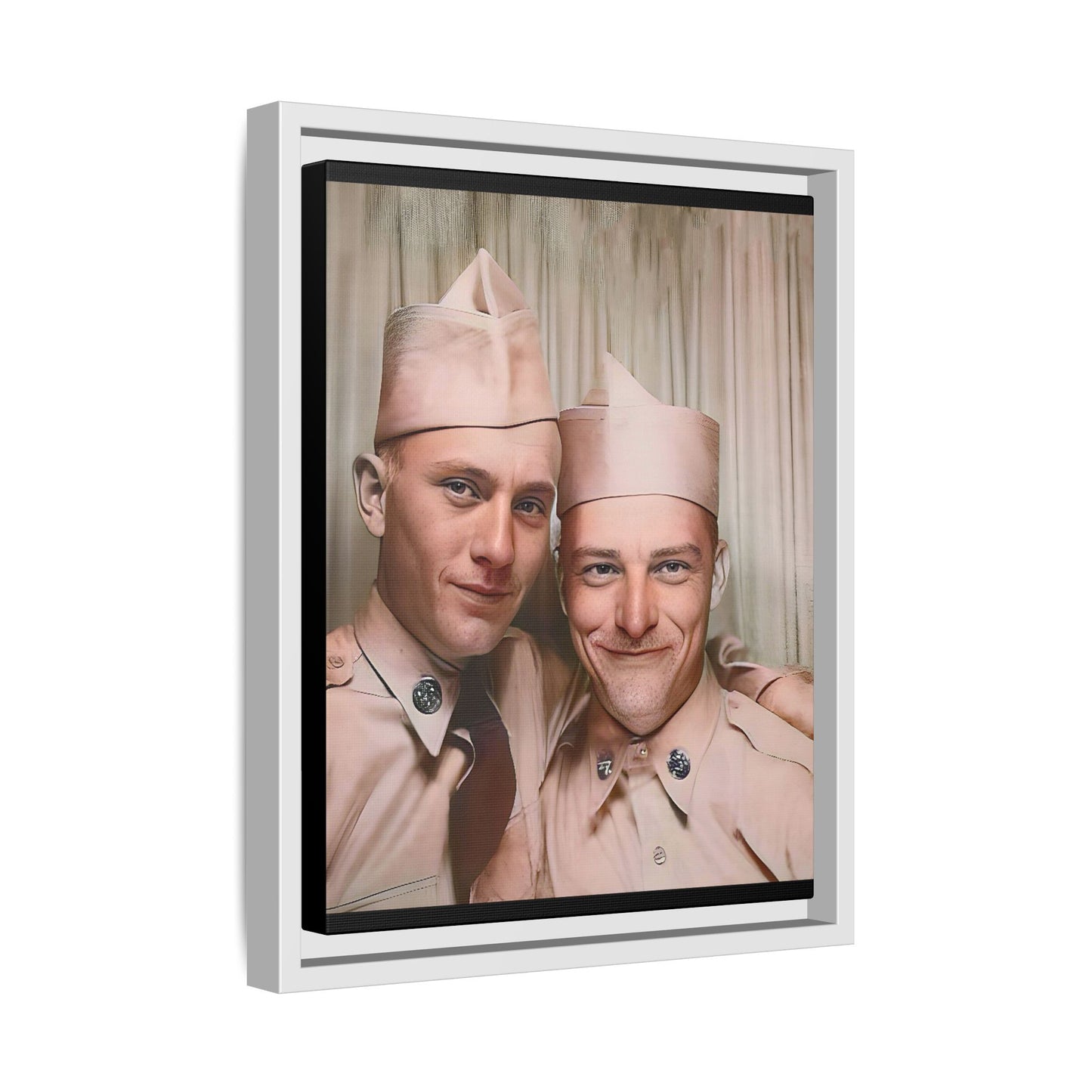 A framed vintage army portrait on matte canvas featuring two soldiers at Puget Sound Naval Shipyard, symbolizing friendship and service. Gay Couple Photo Booth