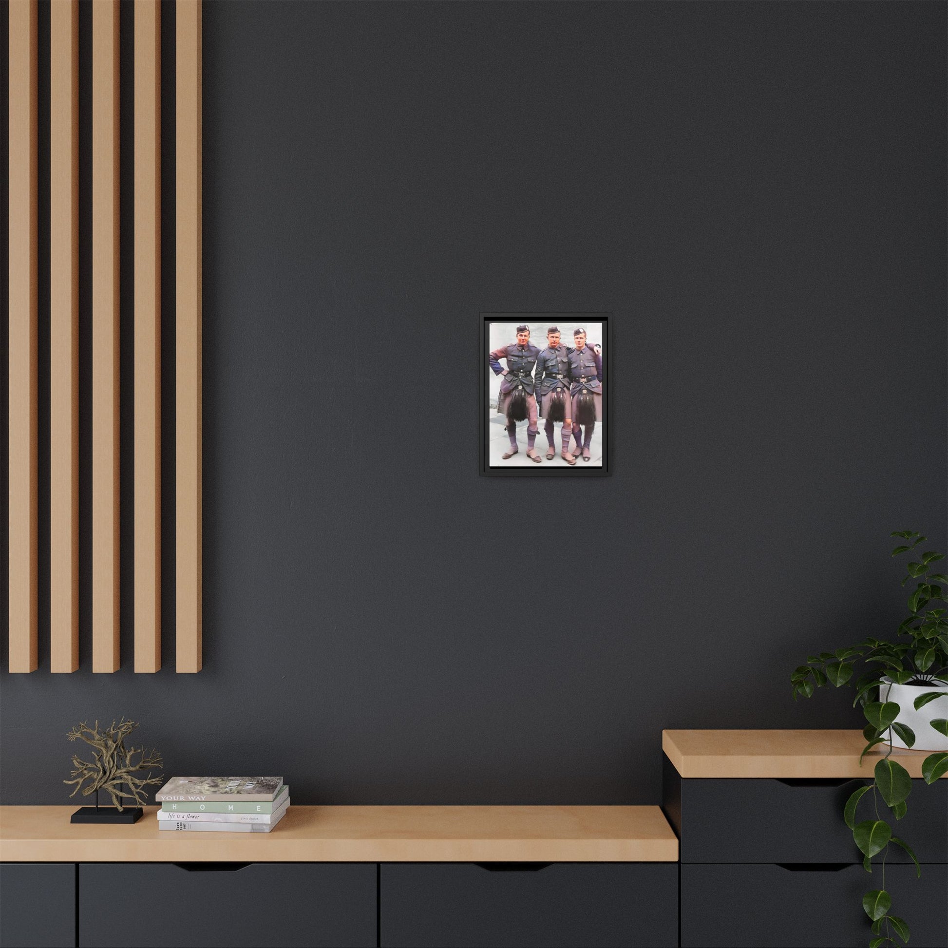 A restored vintage portrait of Gordon Highlanders in Glasgow, Scotland. This framed matte canvas honors Scottish military history, tradition, and unity.