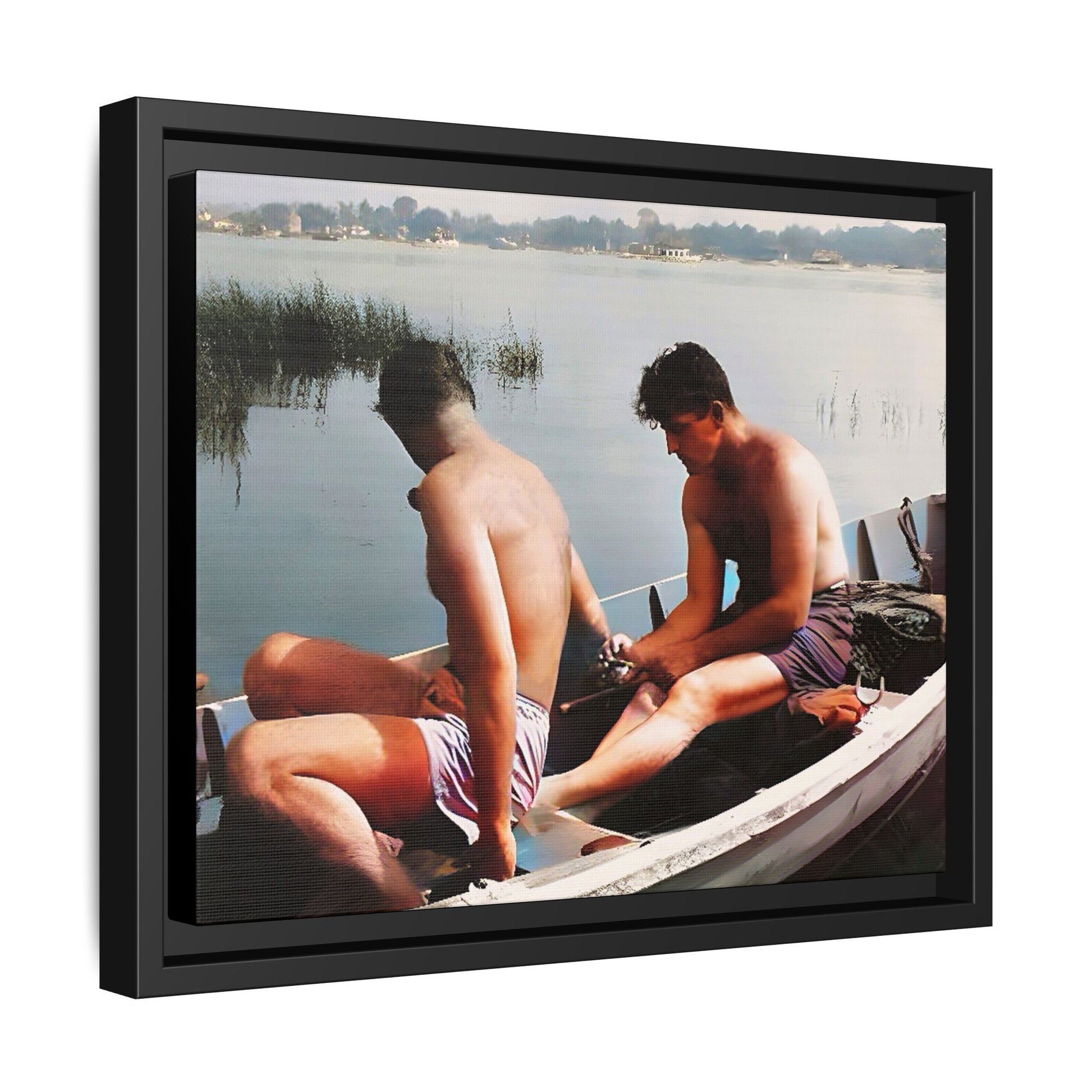 A restored vintage photo of Ned & Marty in a boat at Cape May, New Jersey. This framed matte canvas captures a serene LGBTQ+ love story, offering a nostalgic and timeless nautical scene perfect for collectors and history enthusiasts. Gay Couple