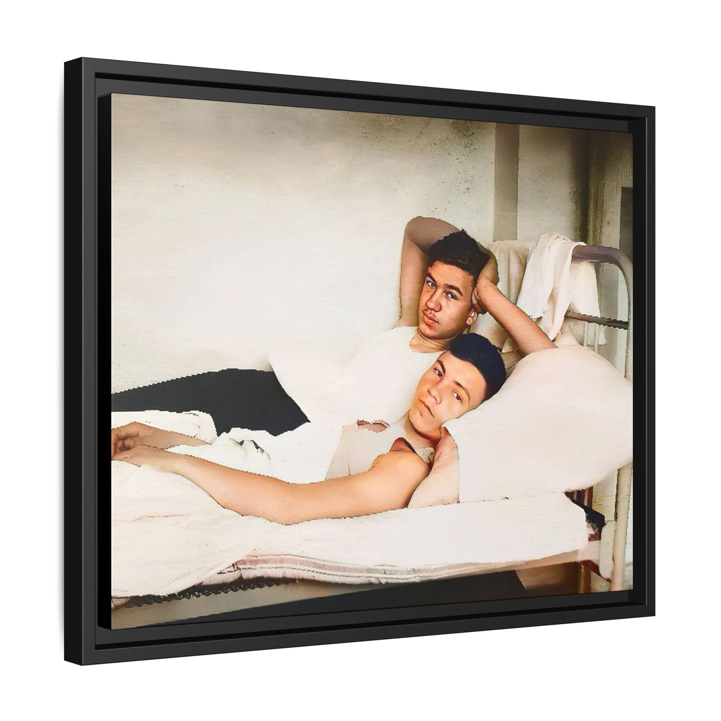 A vintage Gay couple portrait of Vernon & Jesse in Portland, Maine. This framed canvas print captures an intimate and heartfelt moment, making it a timeless addition to any home decor or a meaningful gift celebrating love and history.