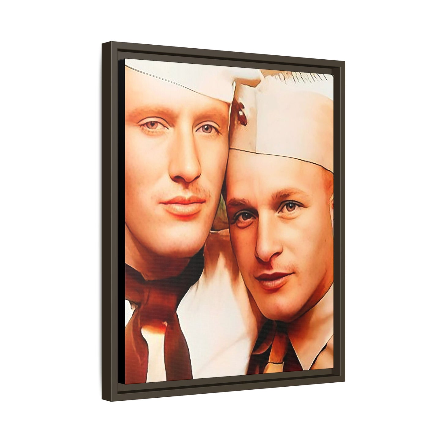 Vintage Gay photo booth portrait of Glenn & Sidney in Nantucket, MA. A heartwarming tribute to queer history, captured in a candid embrace. Available as a matte canvas print, perfect for celebrating love, identity, and nostalgia. Military Portrait