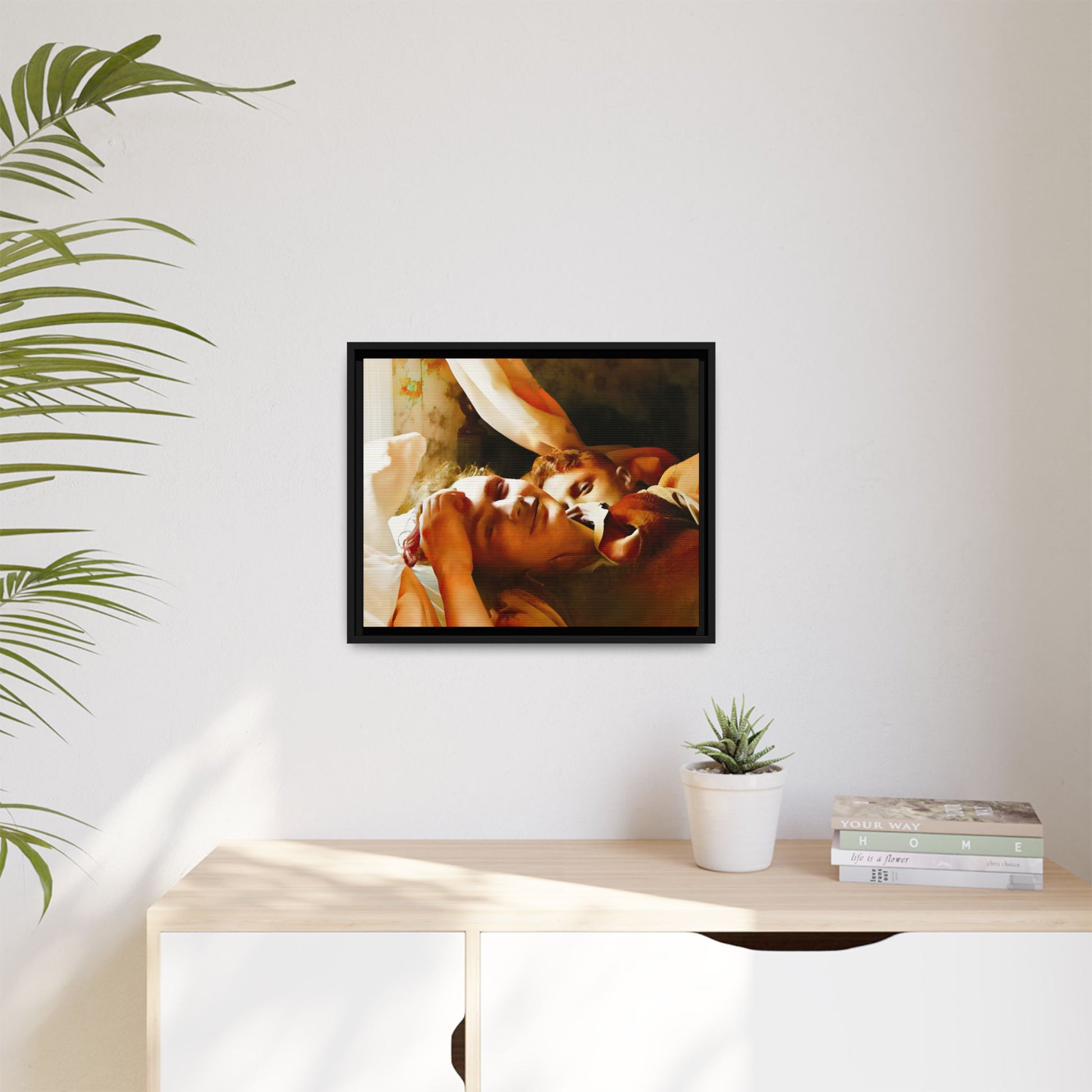 A heartwarming vintage portrait of Edwin and Floyd in Burlington, Vermont. This framed canvas print captures a quiet moment of LGBTQ+ love and intimacy, perfect for home decor, collectors, or as a sentimental gift celebrating timeless affection.