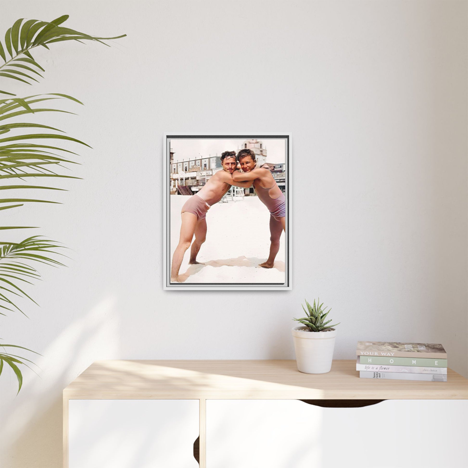 A vintage LGBTQ+ beach photo of Kenneth and Herman in Atlantic City, celebrating summer love and nostalgia. This restored and colorized canvas print captures the joy of seaside romance, making it a perfect addition to any vintage decor collection.