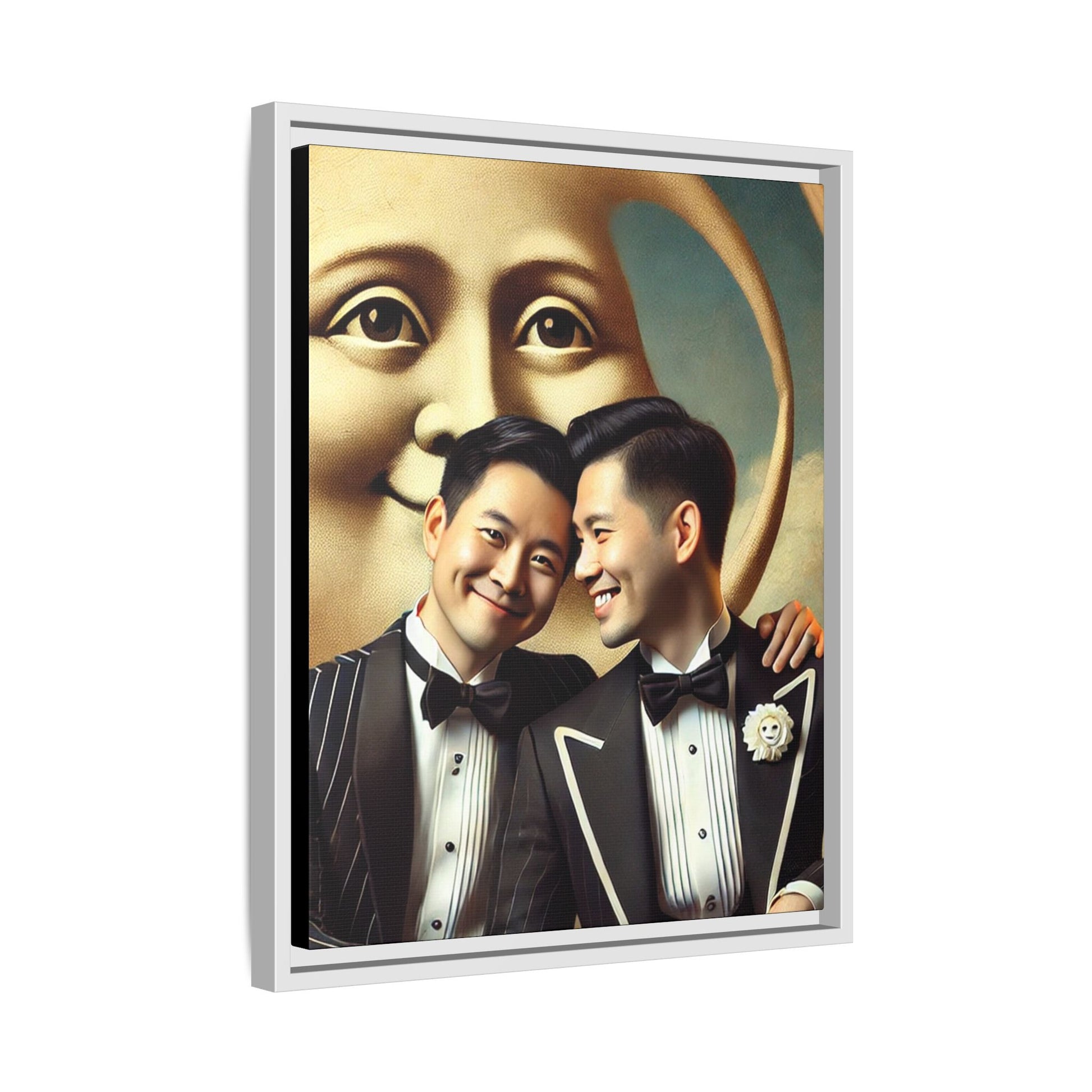 Framed matte canvas featuring a joyful queer Asian couple in tuxedos standing beneath a crescent moon. This artwork, part of the Missing Art Studies series, reimagines erased queer histories with warmth, dignity, and vintage-inspired style.