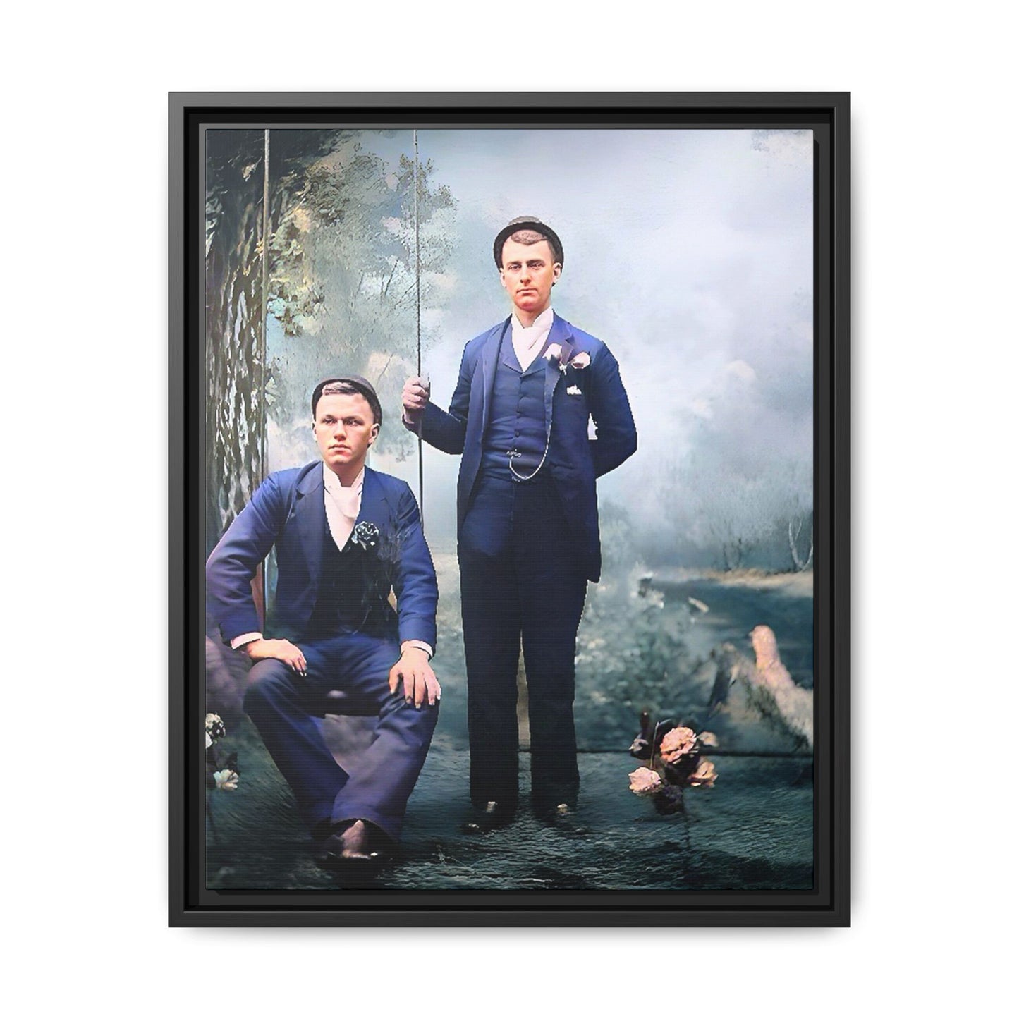 A restored vintage portrait of David & Earnest in Monongahela City, Pennsylvania. This framed matte canvas honors LGBTQ+ history, elegance, and enduring love. Gay Couple