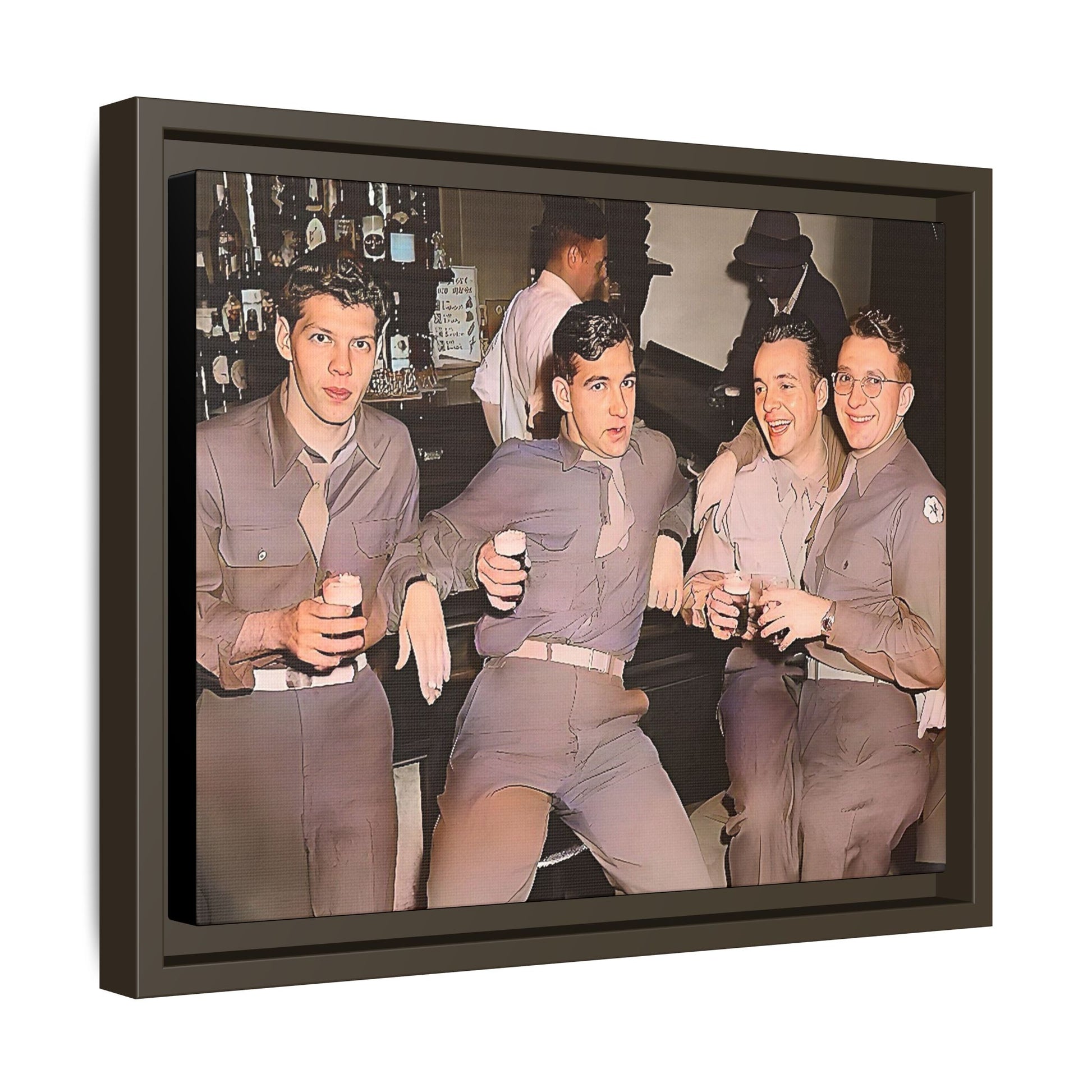Restored vintage photograph of soldiers in uniform gathered at Jackson's gay bar in mid-20th century San Francisco. Framed matte canvas print celebrating camaraderie, resilience, and LGBTQ+ history