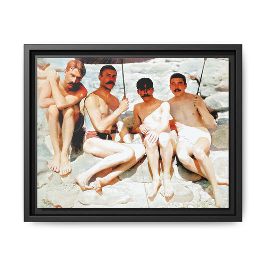 A nostalgic vintage beach photograph from Herring Cove Beach, Provincetown, MA. This framed canvas print captures four men in a relaxed summer moment, perfect for coastal home decor or as an LGBTQ+ history tribute.