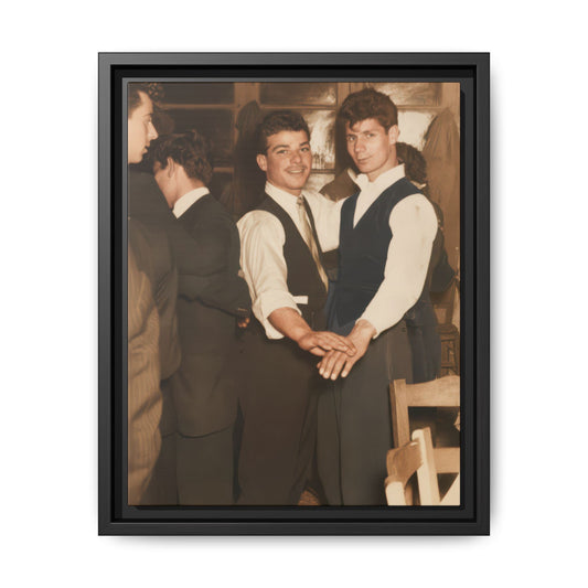 Vintage photograph of two companions dancing indoors in waistcoats and dress shirts