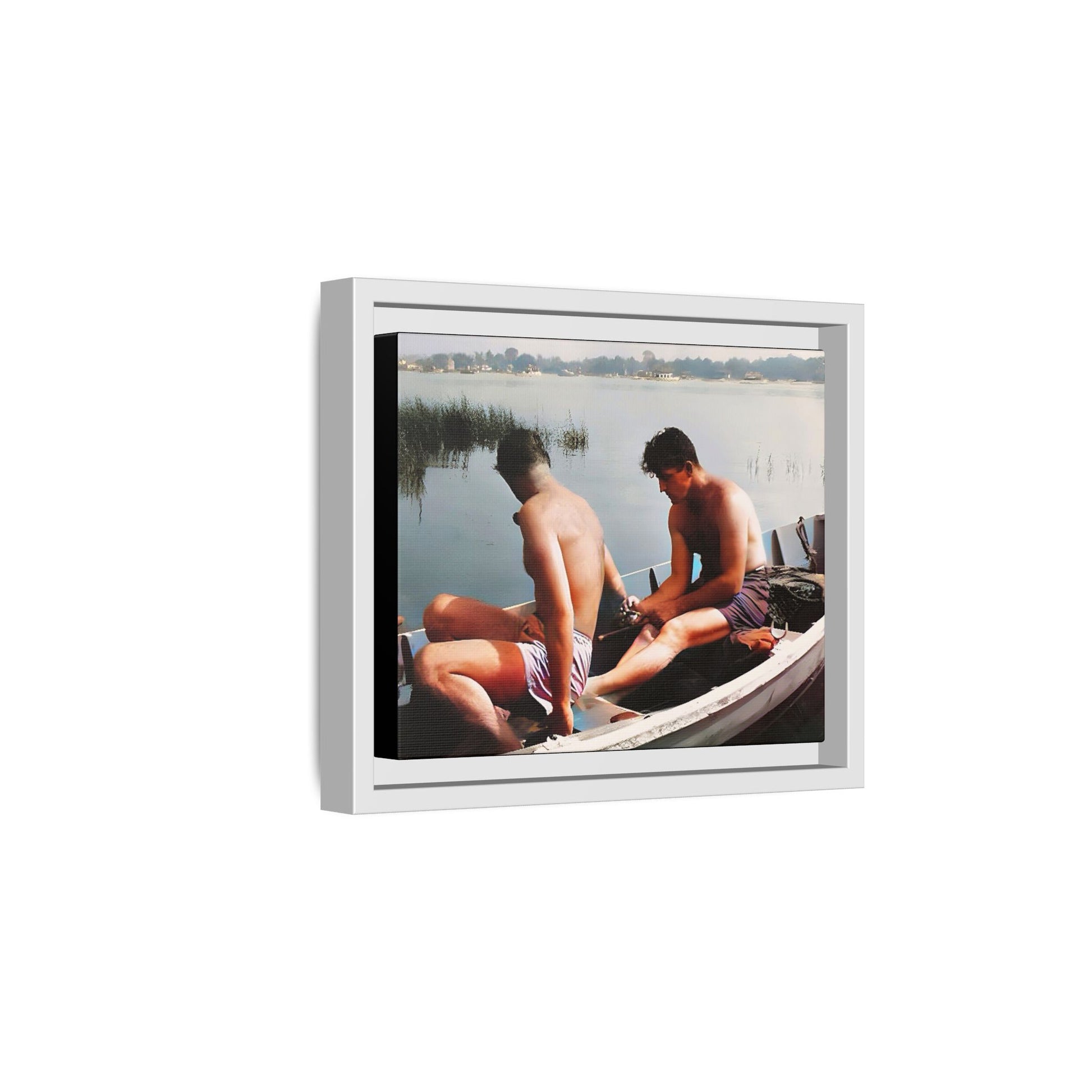 A restored vintage photo of Ned & Marty in a boat at Cape May, New Jersey. This framed matte canvas captures a serene LGBTQ+ love story, offering a nostalgic and timeless nautical scene perfect for collectors and history enthusiasts. Gay Couple