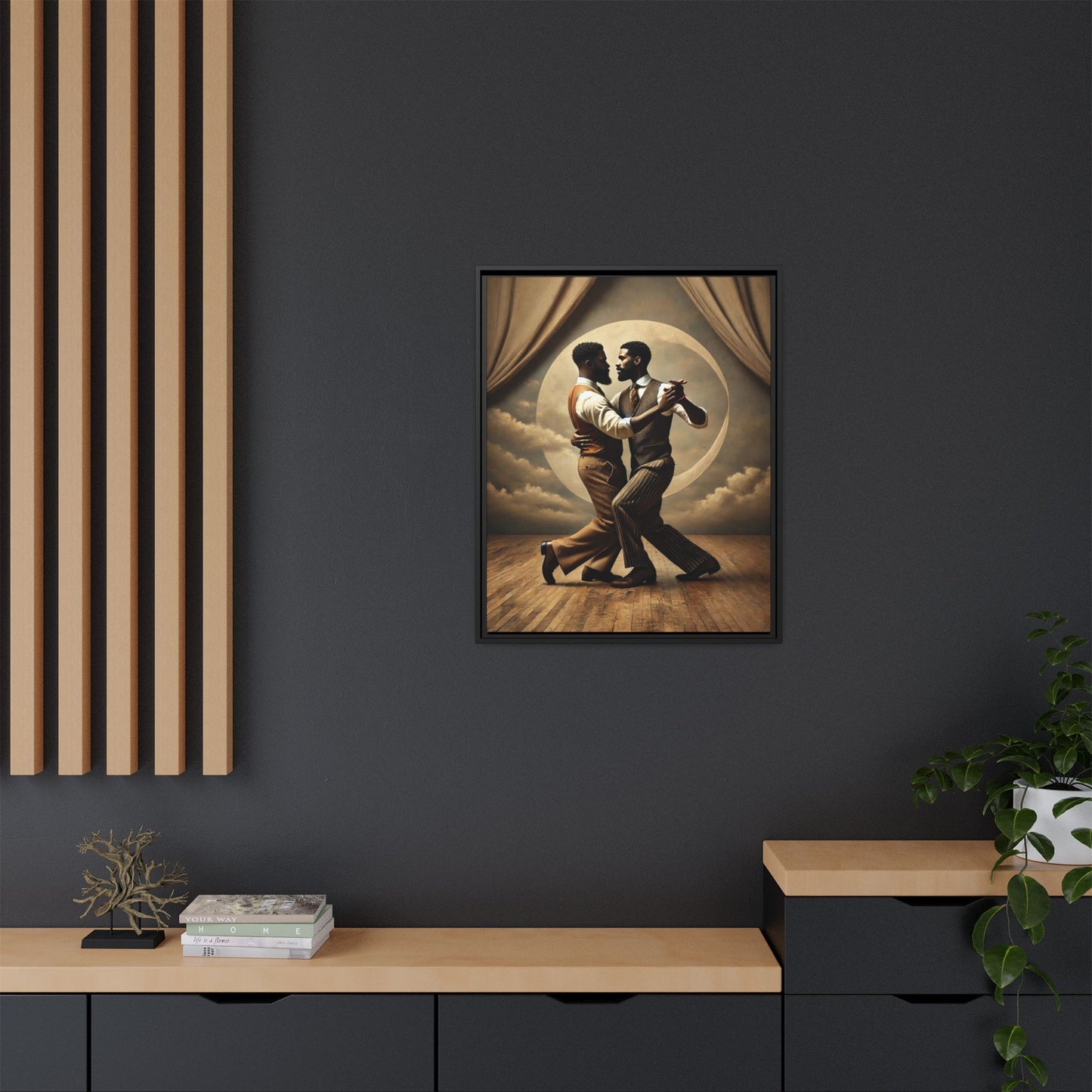Original artwork of two Black men ballroom dancing in vintage 1920s suits under a glowing moon backdrop. A romantic and powerful tribute to queer love and Black history that reclaims moments lost to systemic bias and cultural erasure.