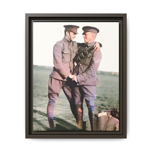 A restored vintage military portrait of Lee & Clifford, soldiers in the Battle of Amiens. This framed matte canvas honors LGBTQ+ history, resilience, and love in wartime.