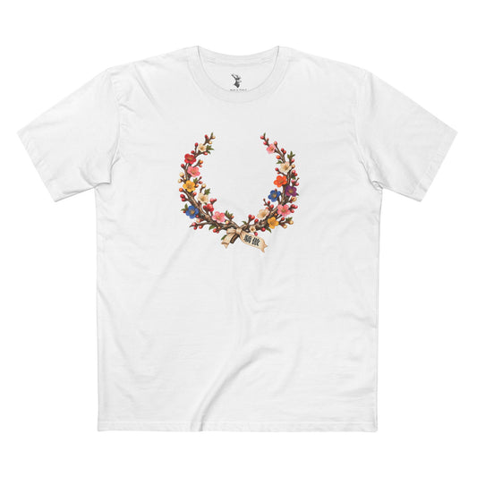 Celebrate Taiwanese heritage and LGBTQ+ Pride with an archival plum blossom laurel wreath and the Traditional Chinese text 驕傲, meaning pride.