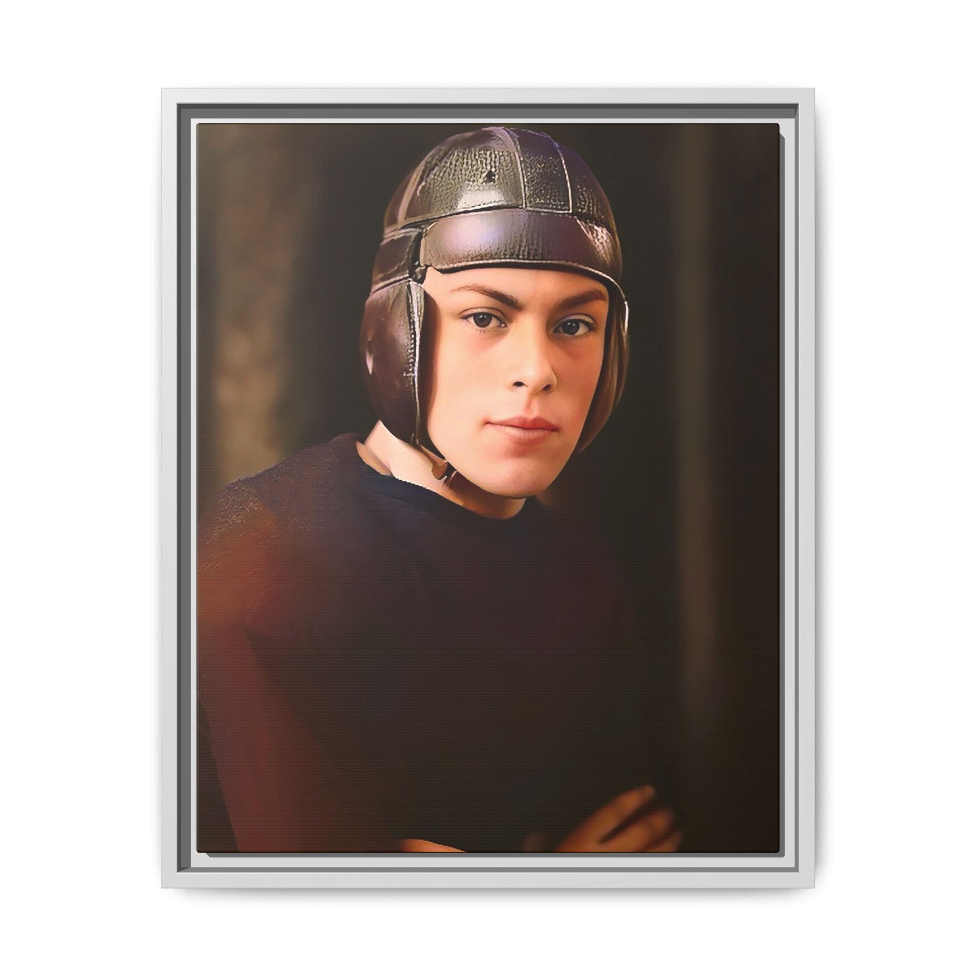 A vintage portrait of Andrew, a football player from Lincoln, Nebraska, in a classic leather helmet. This framed matte canvas print captures the grit and determination of early 20th-century sports, perfect for football fans and vintage art collectors.