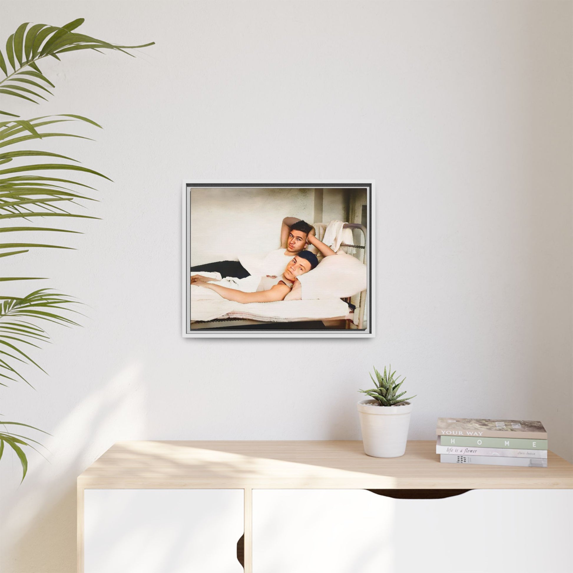 A vintage Gay couple portrait of Vernon & Jesse in Portland, Maine. This framed canvas print captures an intimate and heartfelt moment, making it a timeless addition to any home decor or a meaningful gift celebrating love and history. Men in Bed