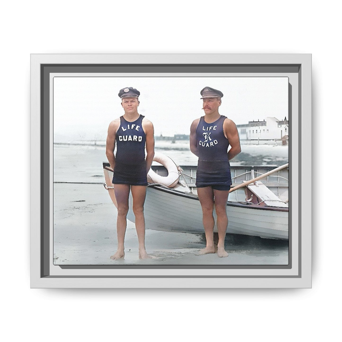 A nostalgic framed canvas print of vintage lifeguards in Cape May, NJ. This coastal artwork captures the charm of early 20th-century beach life, making it perfect for lovers of maritime history, seaside decor, and Americana enthusiasts.