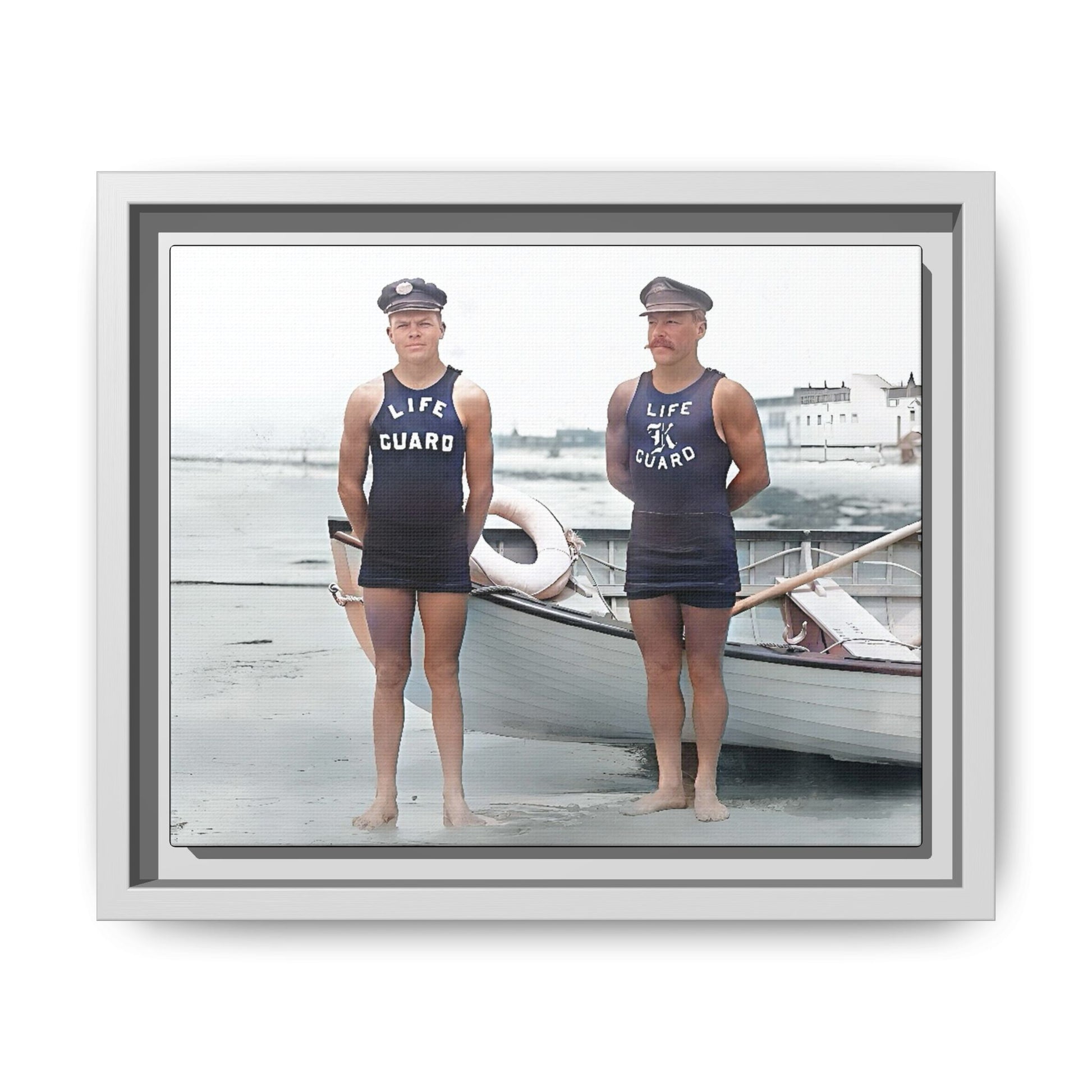 A nostalgic framed canvas print of vintage lifeguards in Cape May, NJ. This coastal artwork captures the charm of early 20th-century beach life, making it perfect for lovers of maritime history, seaside decor, and Americana enthusiasts.