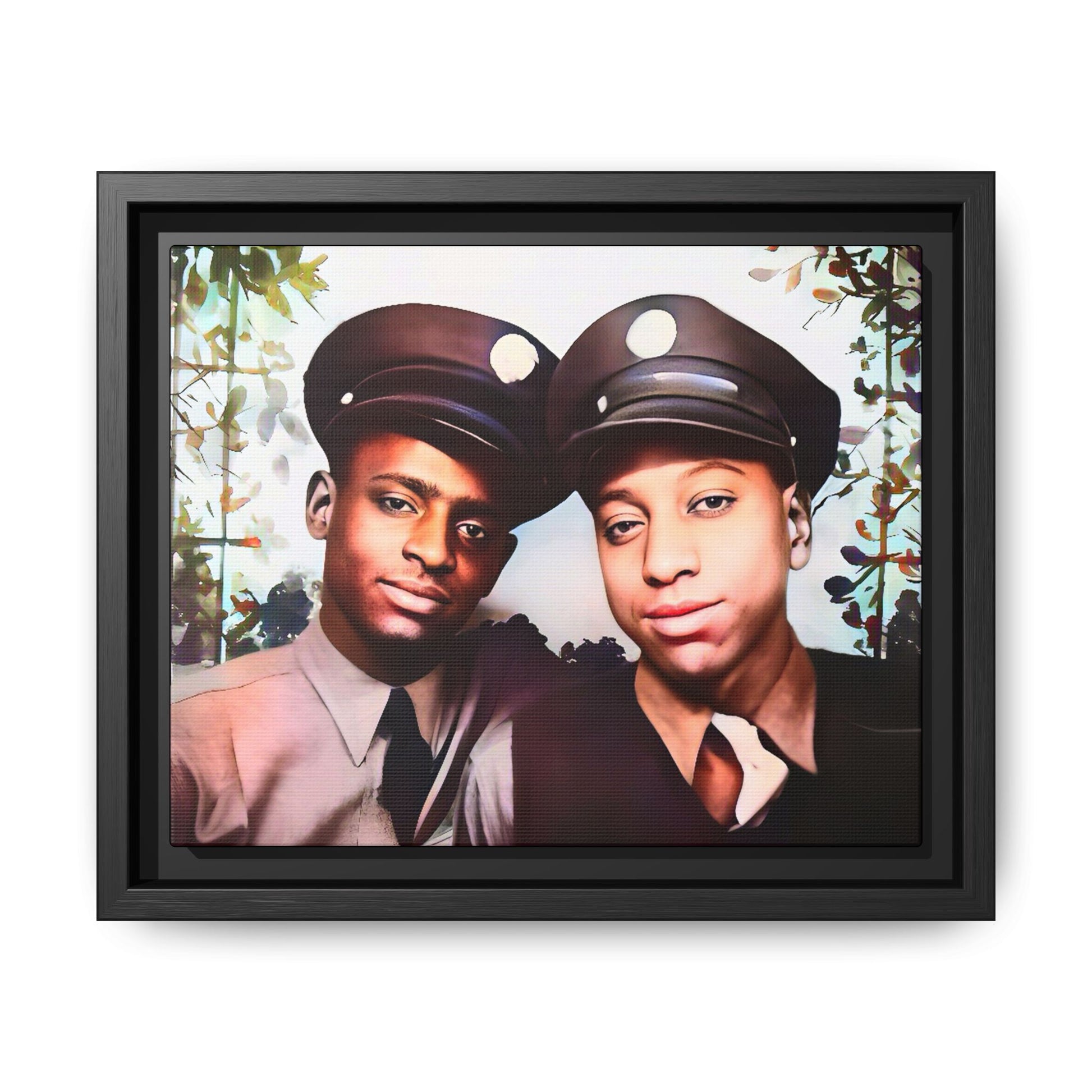 Vintage portrait of Deion & Marcus in Lexington, KY. Framed matte canvas celebrating African-American LGBTQ+ history, showcasing unity and timeless love. Perfect for collectors, art enthusiasts, and those honoring diversity and inclusion through decor.