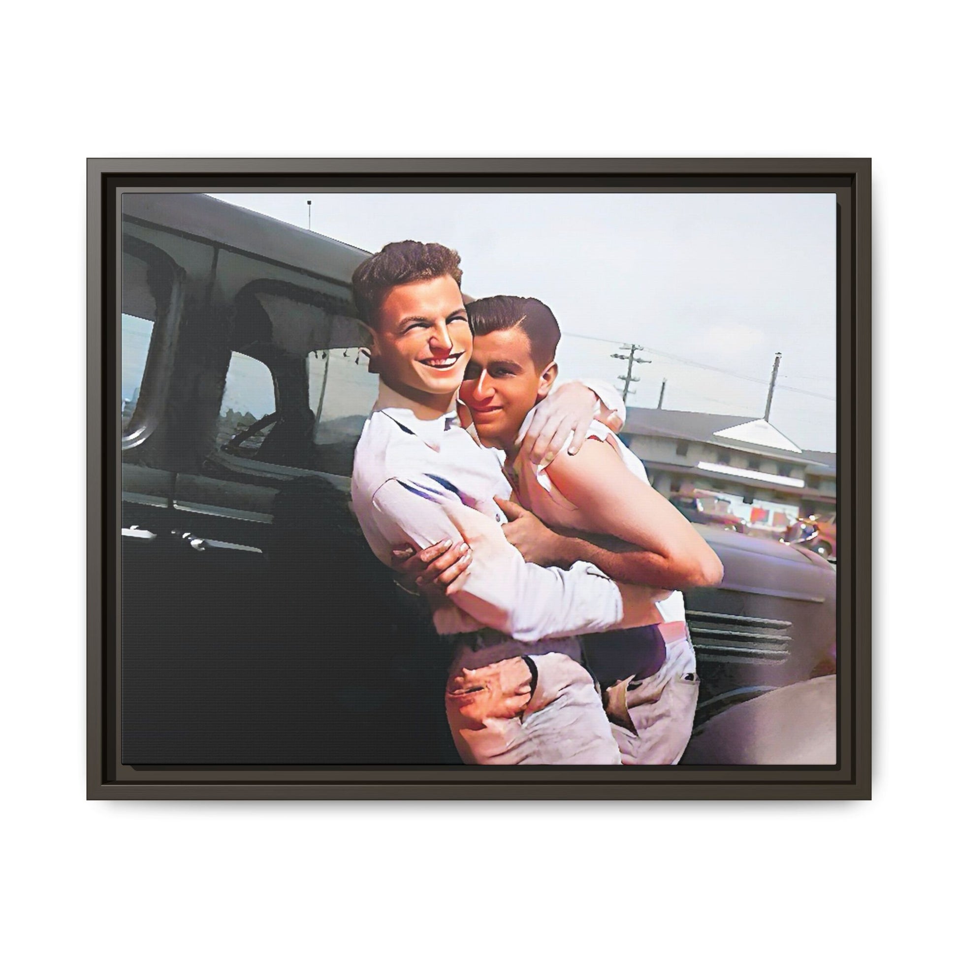 A framed vintage love portrait on matte canvas featuring Henry and Raymond in Peoria, Illinois, capturing timeless LGBTQ+ connection and joy. Gay Couple