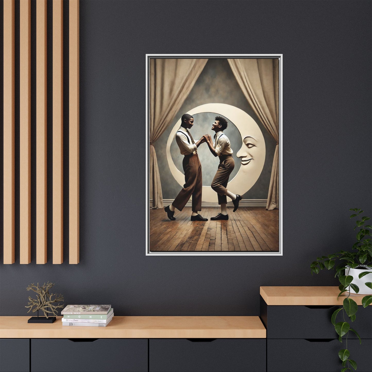 Two joyful young Black men dressed in 1920s fashion dancing in front of a crescent moon prop with a smiling face. This artwork reclaims erased queer love, offering a whimsical and powerful celebration of Black LGBTQ+ youth and history.