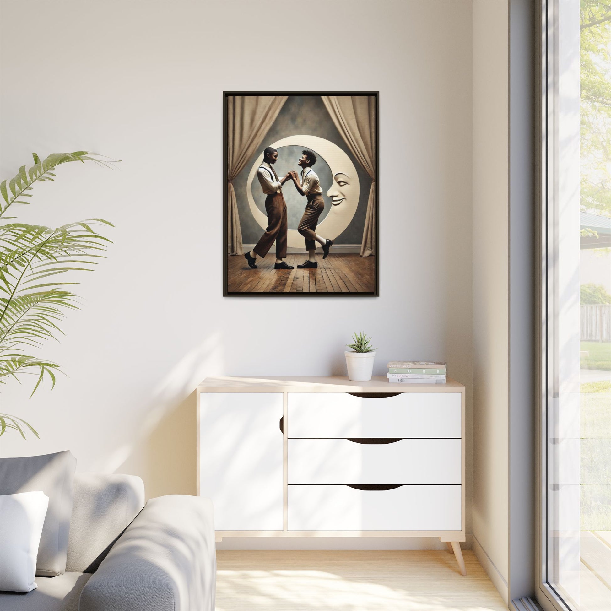 Two joyful young Black men dressed in 1920s fashion dancing in front of a crescent moon prop with a smiling face. This artwork reclaims erased queer love, offering a whimsical and powerful celebration of Black LGBTQ+ youth and history.