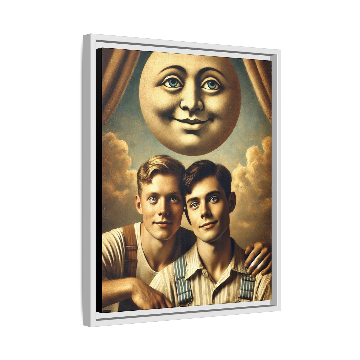 Framed matte canvas portrait featuring two young men in vintage overalls with a crescent moon prop above them. This artwork from the Missing Art Studies series reclaims LGBTQ+ imagery that may have been lost to bias, presenting warmth, intimacy, and presence.