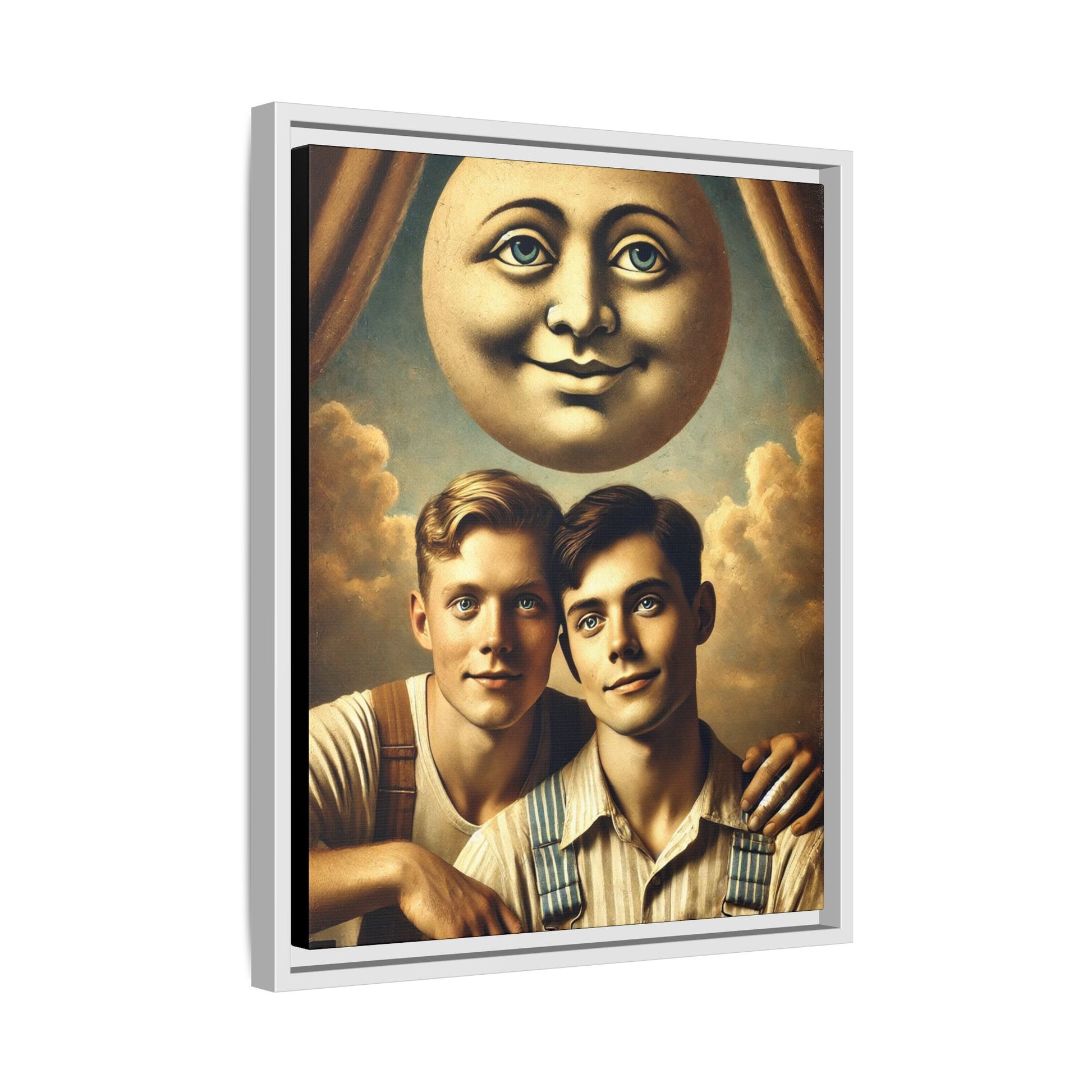 Framed matte canvas portrait featuring two young men in vintage overalls with a crescent moon prop above them. This artwork from the Missing Art Studies series reclaims LGBTQ+ imagery that may have been lost to bias, presenting warmth, intimacy, and presence.