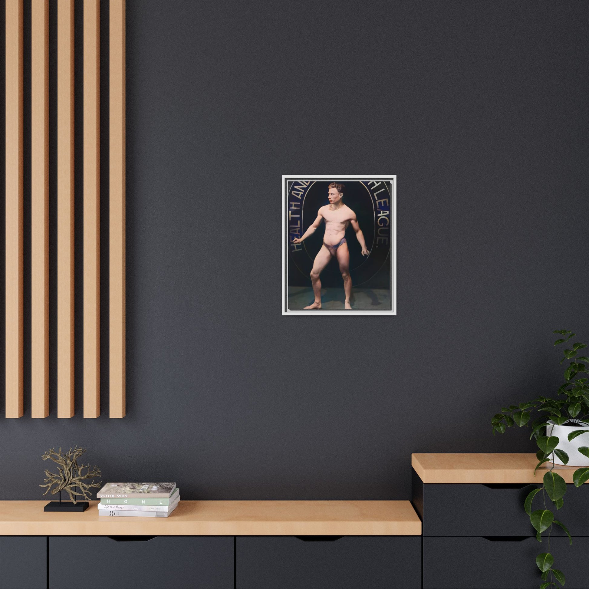 Restored vintage photo of Robert, a young bodybuilder from Manchester, UK, circa early 20th century, framed canvas