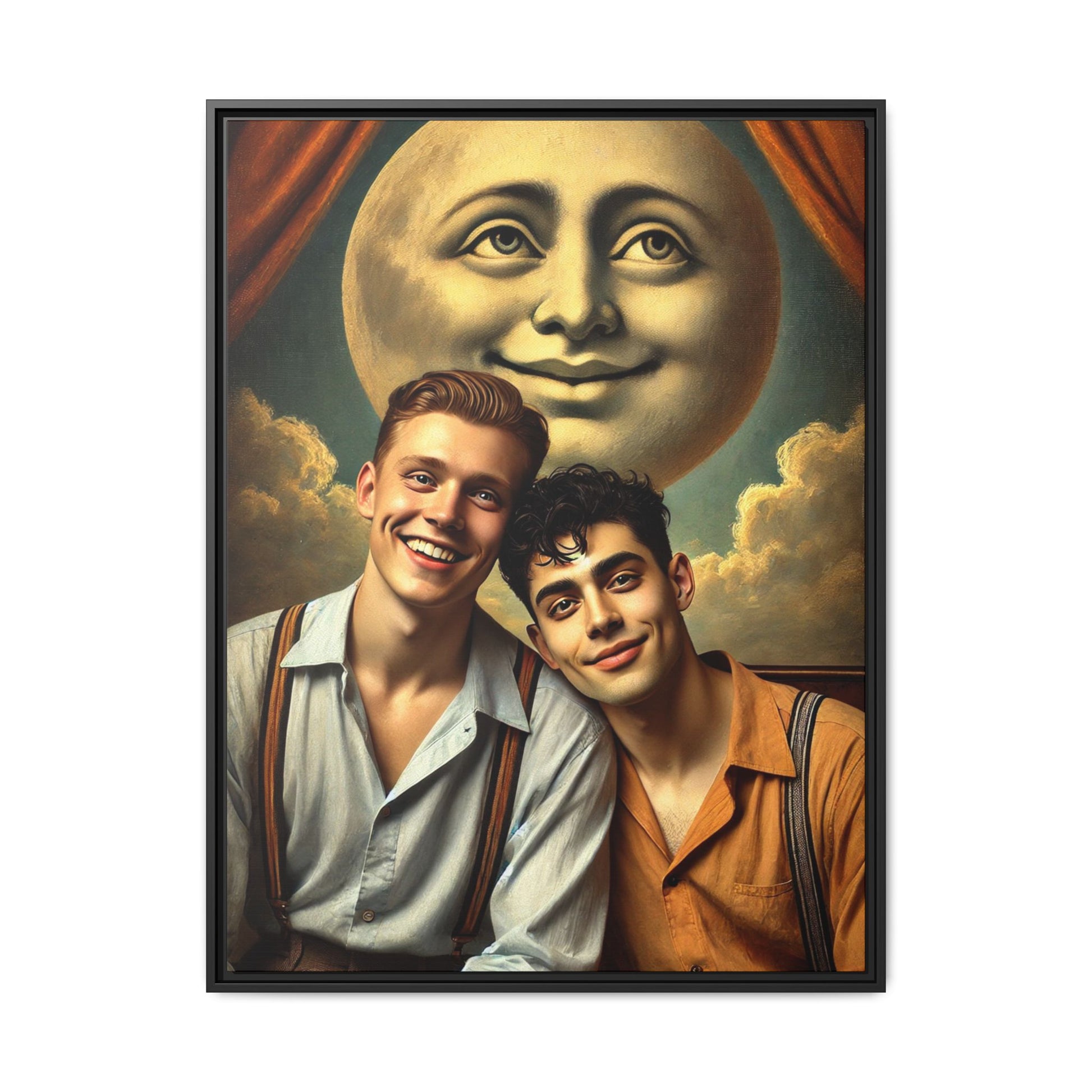 Framed artwork featuring a joyful queer couple in 1930s attire, seated close together beneath a smiling full moon in a theatrical studio setting. A celebration of reclaimed LGBTQ+ narratives in nostalgic portraiture.