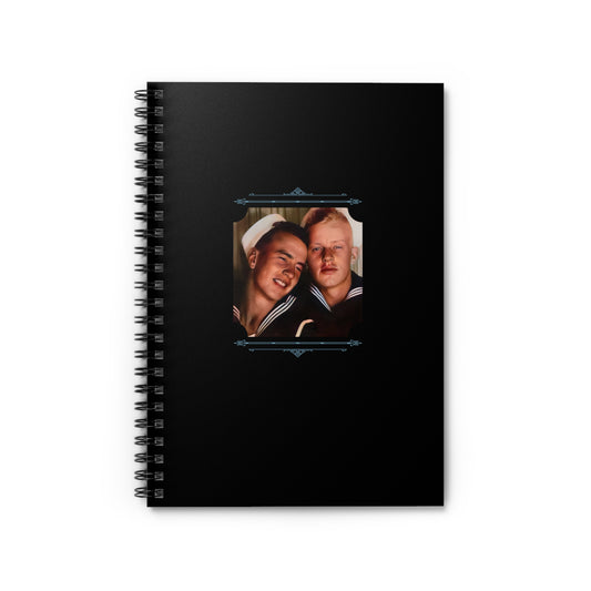 Spiral notebook featuring a restored vintage photo of two WWII sailors sharing an intimate moment in a photo booth.