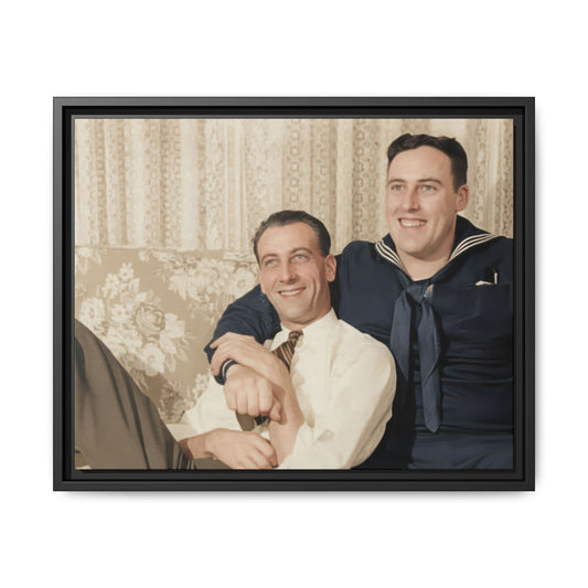 Mid-century companion photograph with patterned curtains and relaxed pose wall decor