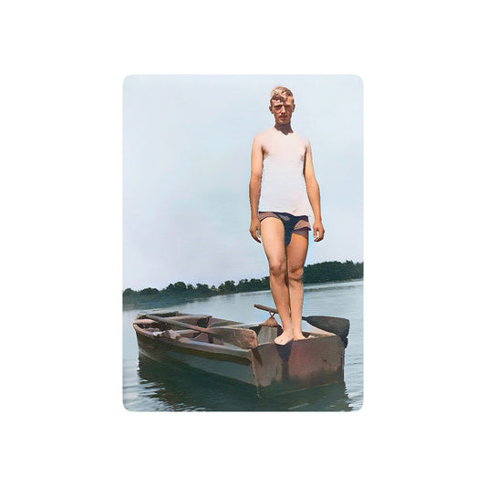 Vintage poker cards featuring a restored photo of a young man on a wooden boat at Creve Coeur Lake, Missouri.