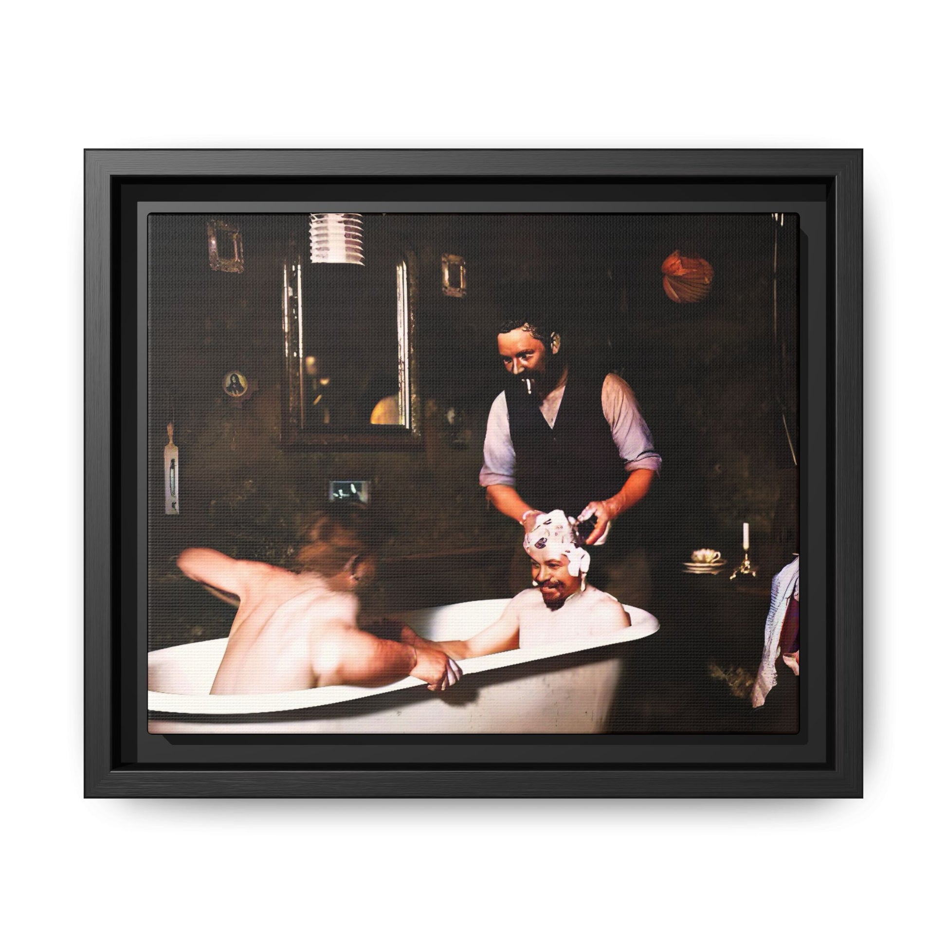 Restored vintage photo of camaraderie at Walsh Depot, Battle Mountain, NV, featuring a clawfoot tub, and framed canvas art. Naked Men in the bathtub. Gay Bears