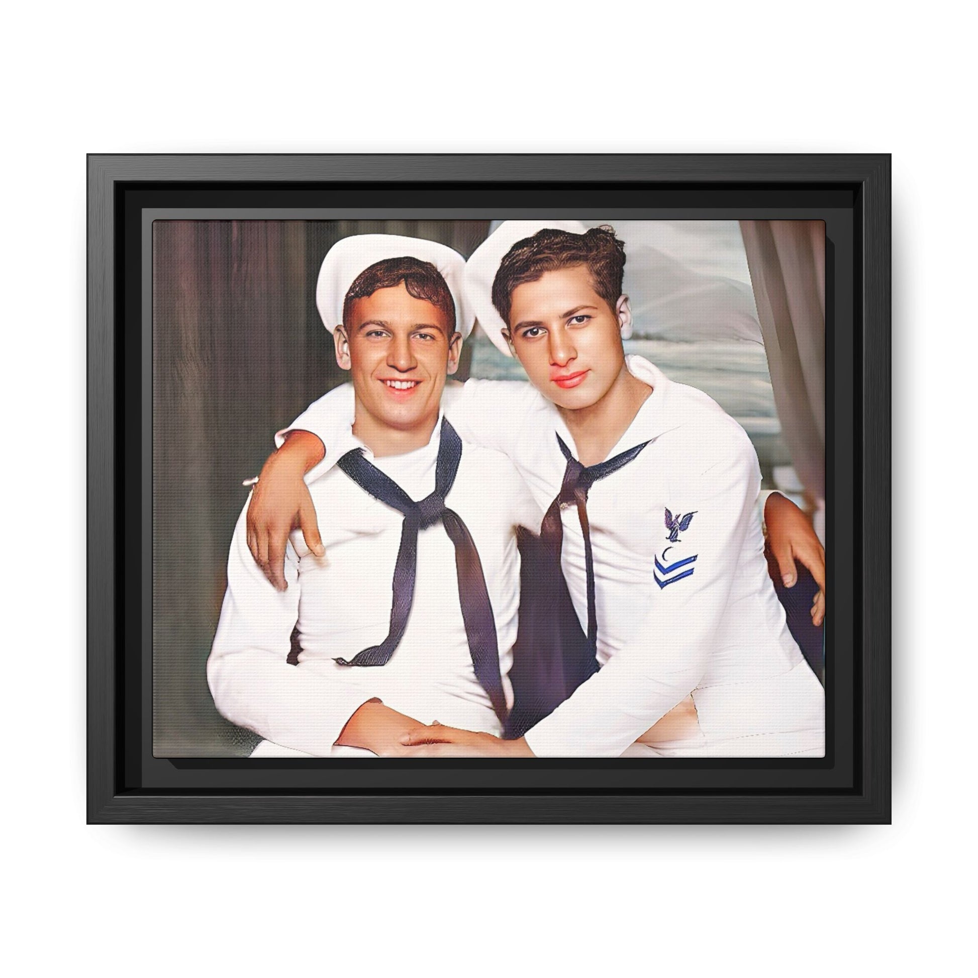A restored vintage Navy portrait of Kenny and William at Fort Lee, Virginia. This framed matte canvas print honors military camaraderie, resilience, and LGBTQ+ history with a timeless tribute to friendship and love. Gay Couple Sailors Navy