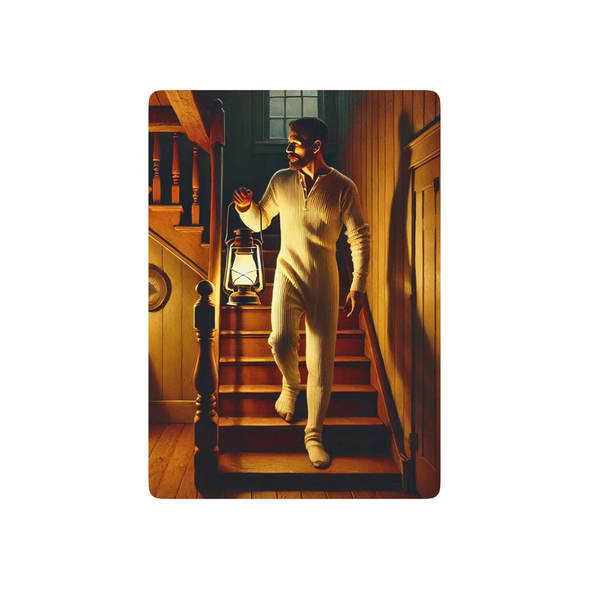 Vintage-inspired poker deck featuring a man in a union suit descending a wooden staircase, lantern in hand