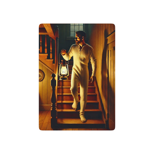 Vintage-inspired poker deck featuring a man in a union suit descending a wooden staircase, lantern in hand