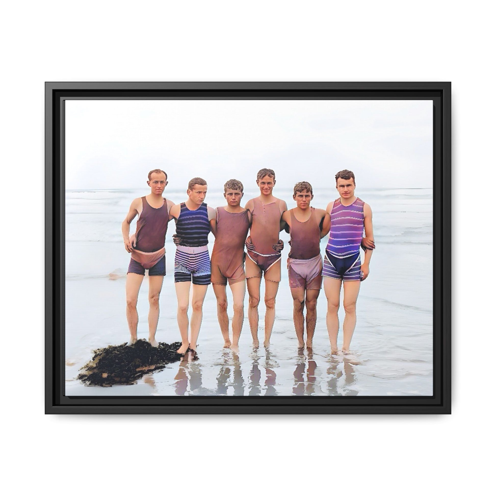 A framed vintage beach portrait on matte canvas featuring a joyful group at Herring Cove Beach, Provincetown, capturing timeless summer camaraderie.