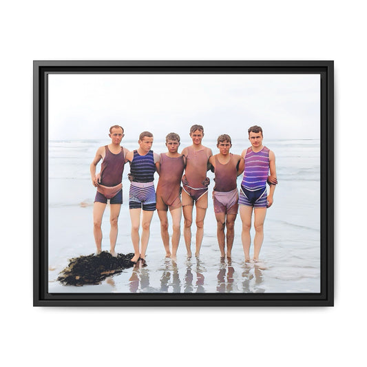 A framed vintage beach portrait on matte canvas featuring a joyful group at Herring Cove Beach, Provincetown, capturing timeless summer camaraderie.