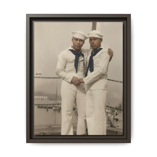 Historical sailor portrait showing two uniformed figures with joined hands and arm around shoulder on deck