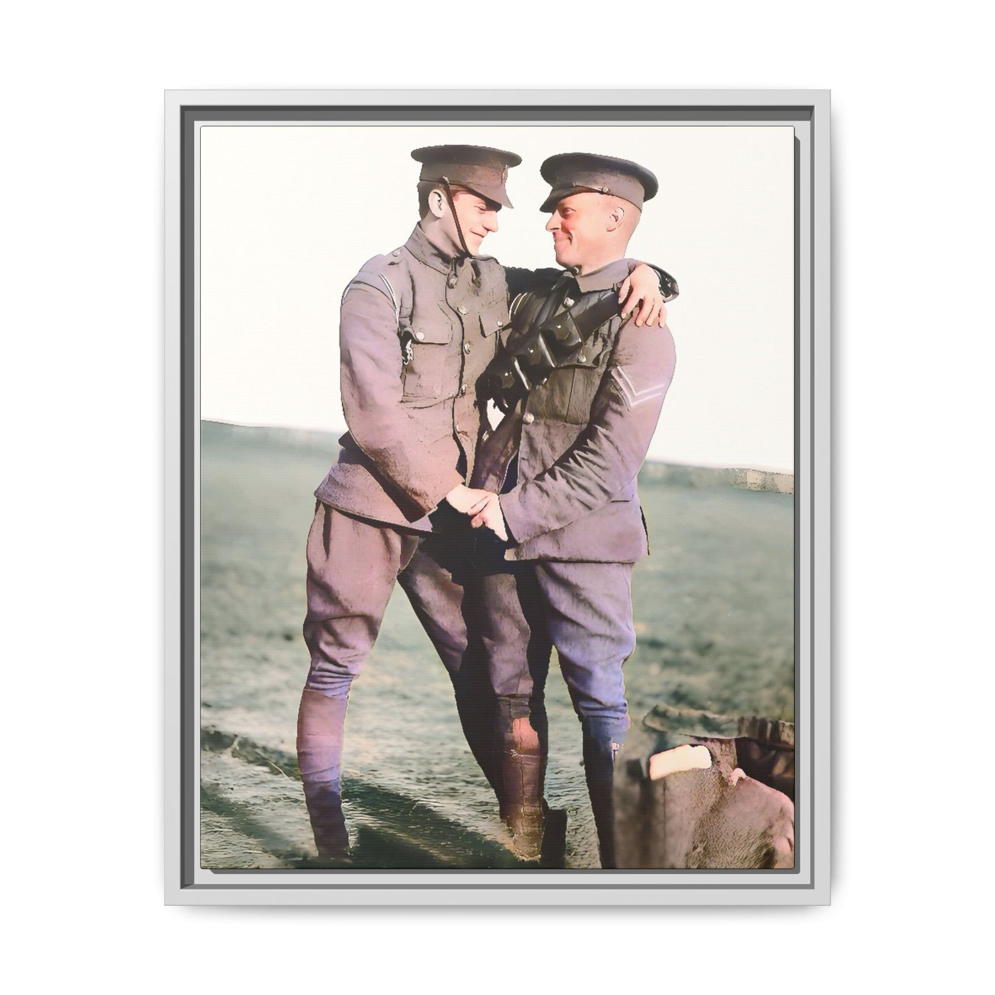 A restored vintage military portrait of Lee & Clifford, soldiers in the Battle of Amiens. This framed matte canvas honors LGBTQ+ history, resilience, and love in wartime.