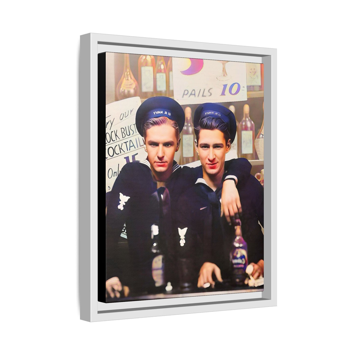 A restored vintage naval portrait of Leo & Vincent, two sailors at Norfolk Naval Station. This framed matte canvas captures LGBTQ+ history, camaraderie, and resilience in a timeless moment. Gay Couple