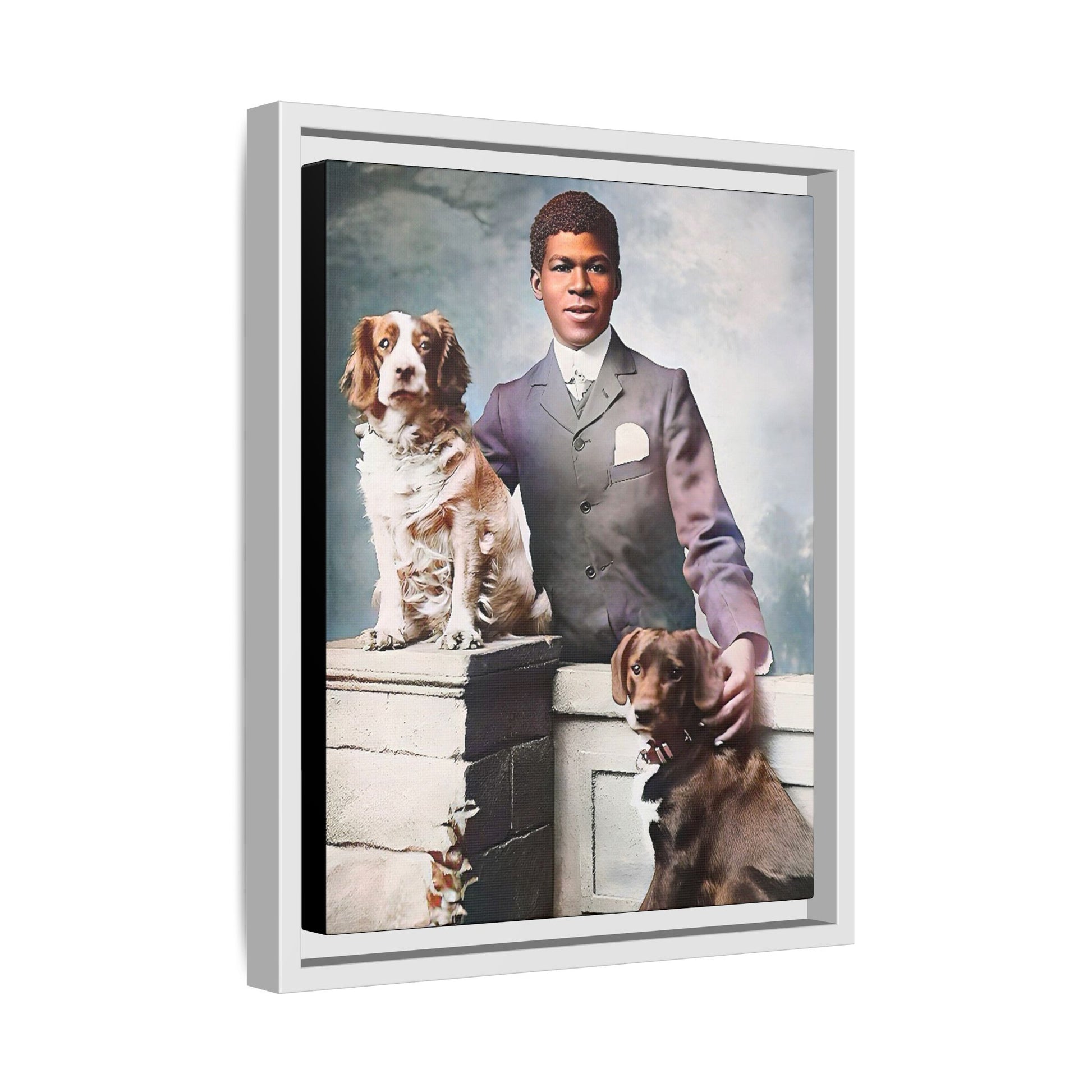 A restored vintage portrait of Marcus with his dogs, Buster and Ellis, in Charlotte, North Carolina. This framed matte canvas print captures the elegance of Southern charm and the enduring bond between a man and his loyal companions. Vintage Dog Portrait