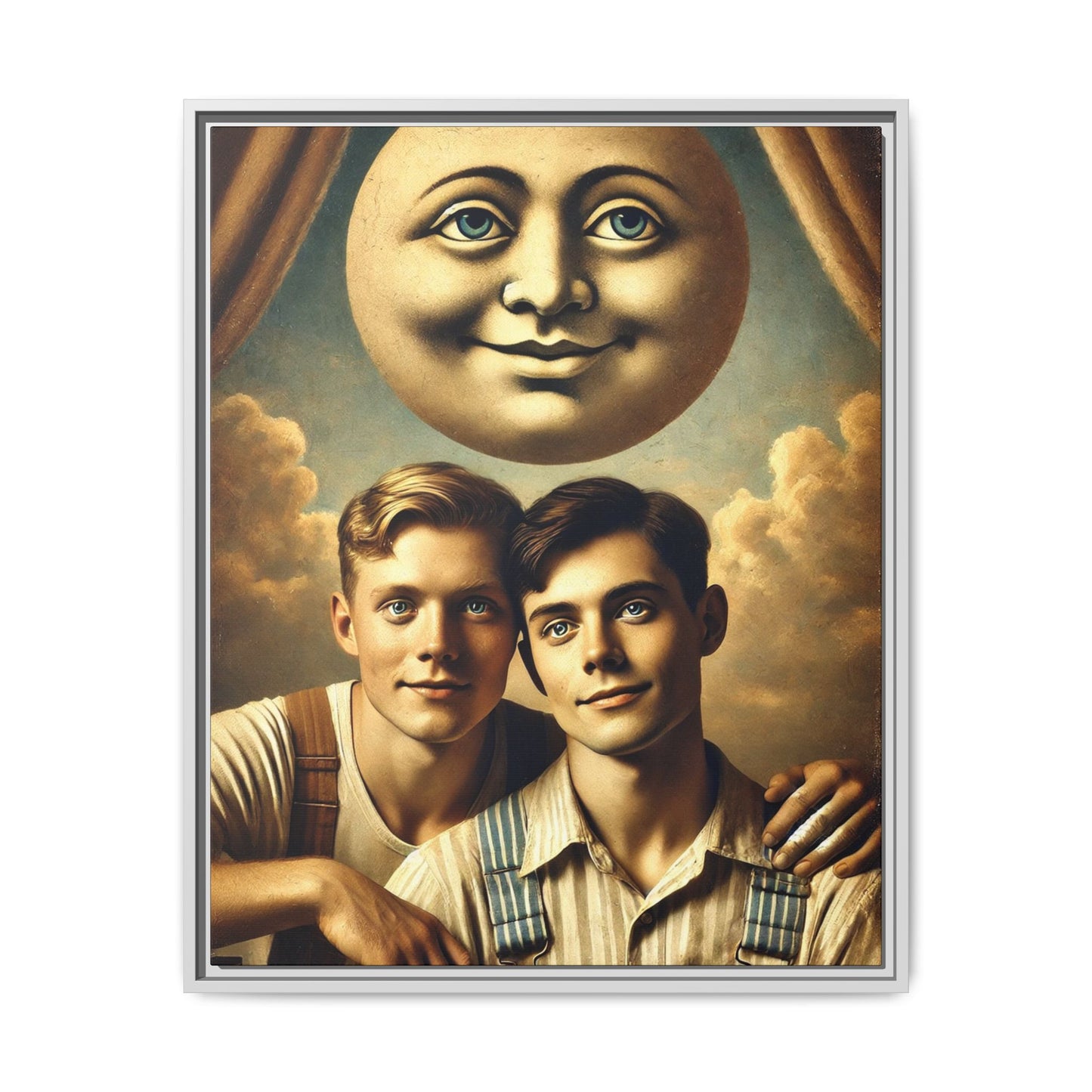 Framed matte canvas portrait featuring two young men in vintage overalls with a crescent moon prop above them. This artwork from the Missing Art Studies series reclaims LGBTQ+ imagery that may have been lost to bias, presenting warmth, intimacy, and presence.